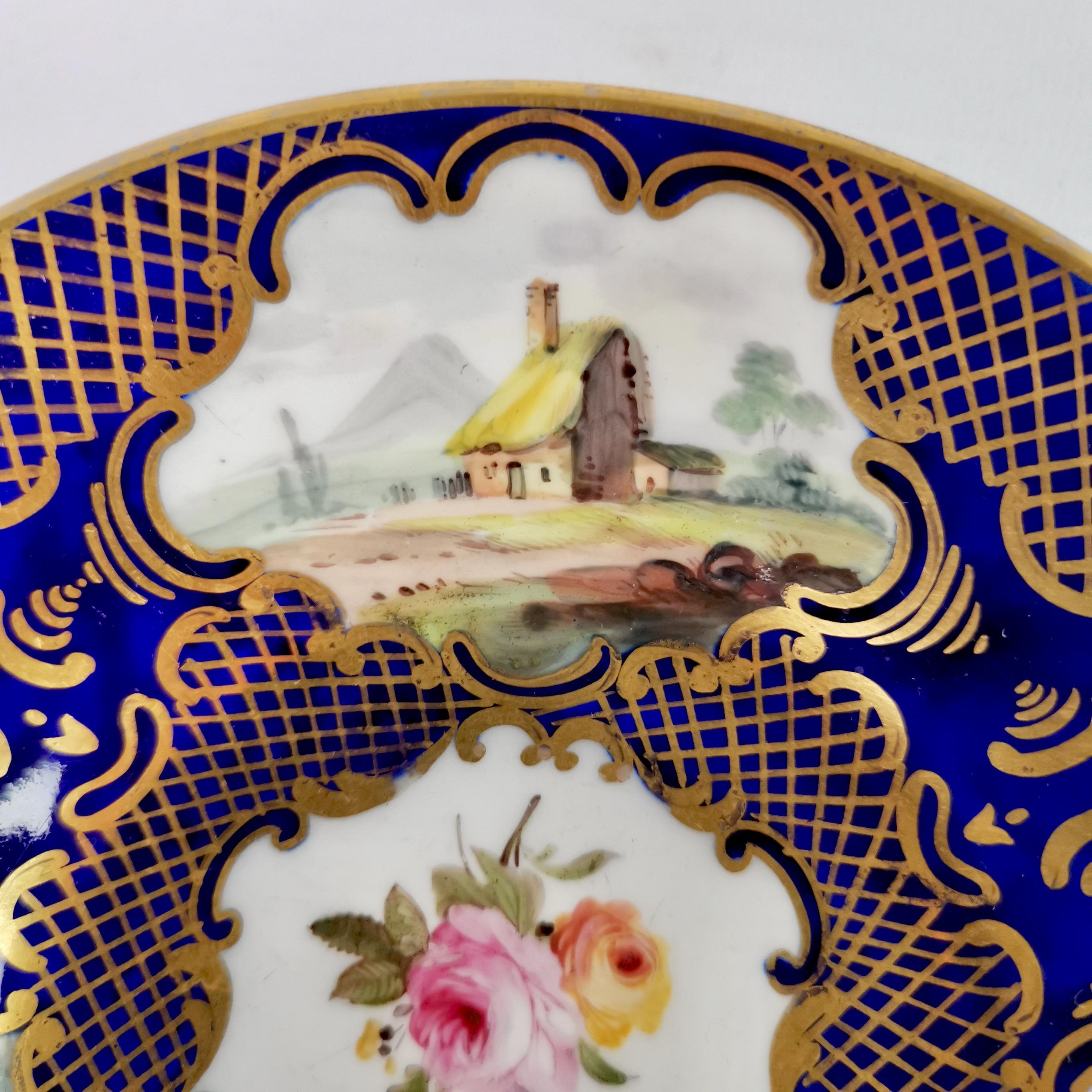 Hand-Painted Staffordshire Orphaned Saucer, Cobalt Blue, Gilt and Landscapes, Regency ca 1815