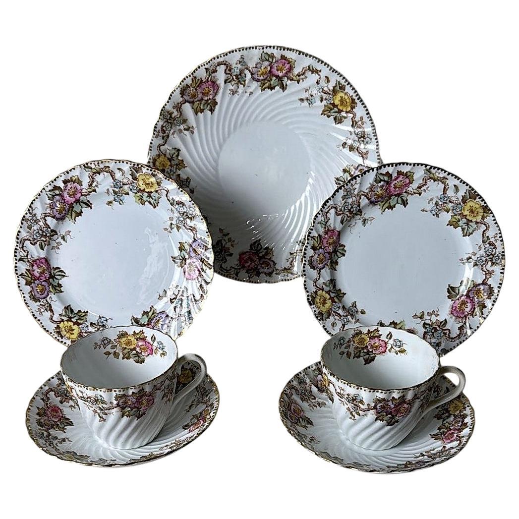Coppia di tazze da caffè/tè con piattini e vassoio da dessert dello Staffordshire