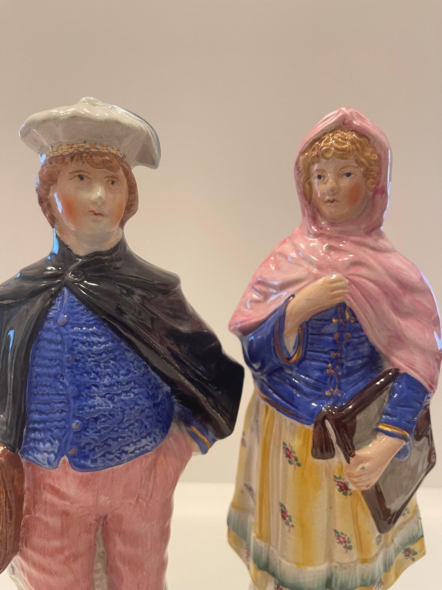 Staffordshire pair of figures School Boy and G Circa 1870irl In Good Condition For Sale In Flower Mound, TX