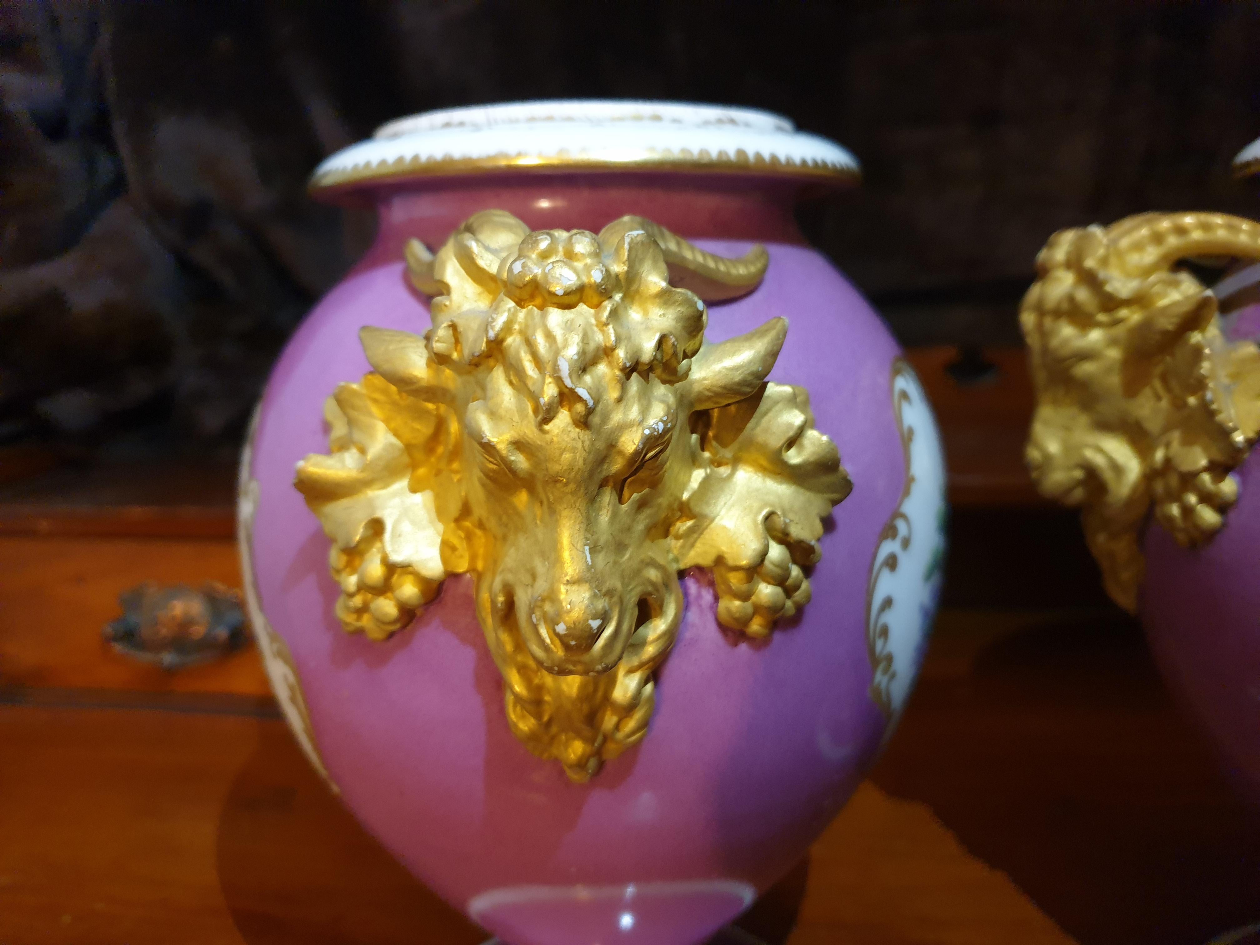 Royal Crown Staffordshire Pair of Golden Ram Handled Hand Painted Pink Vases  In Good Condition For Sale In London, GB