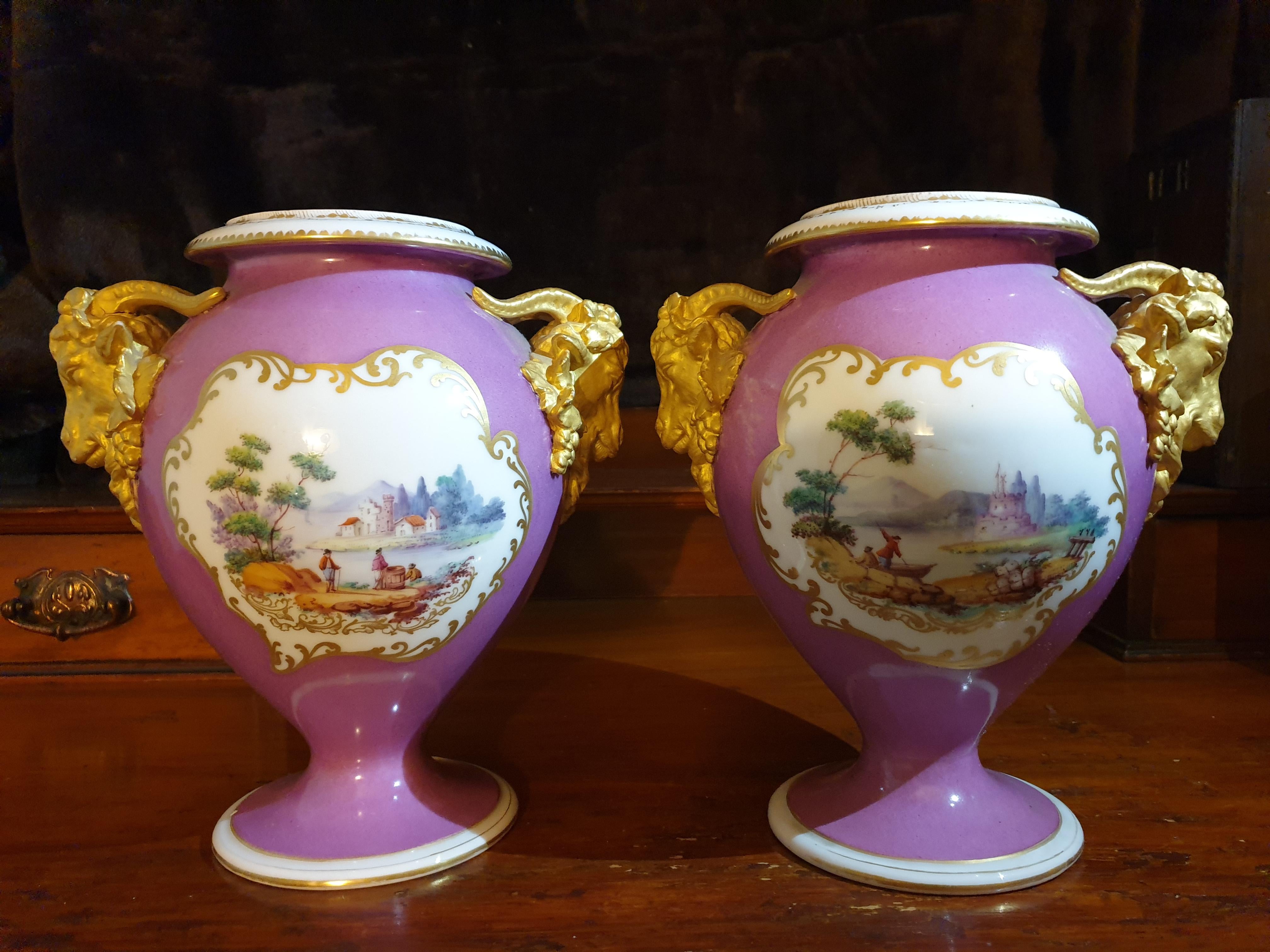 19th Century Royal Crown Staffordshire Pair of Golden Ram Handled Hand Painted Pink Vases  For Sale
