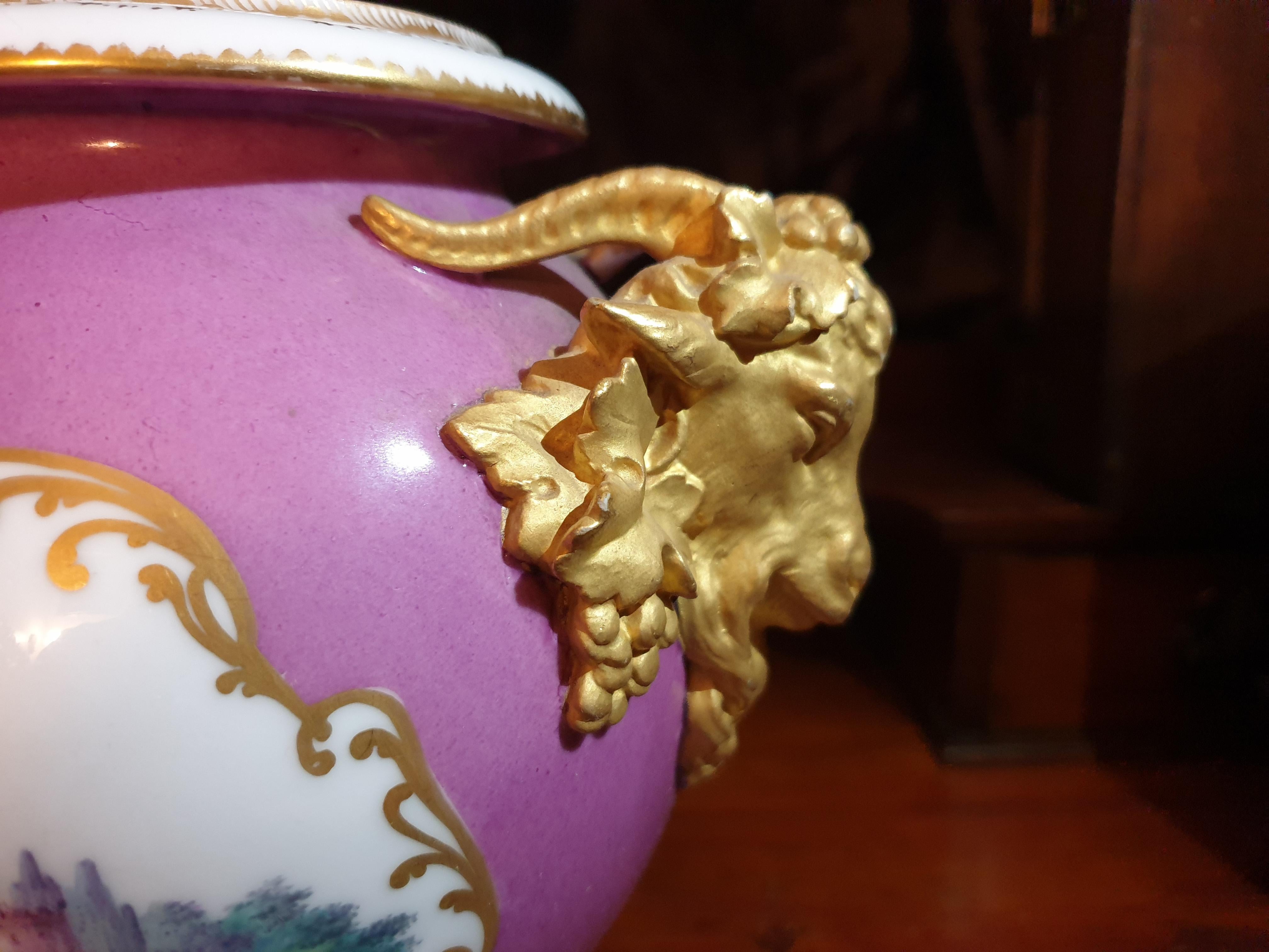 Porcelain Royal Crown Staffordshire Pair of Golden Ram Handled Hand Painted Pink Vases  For Sale