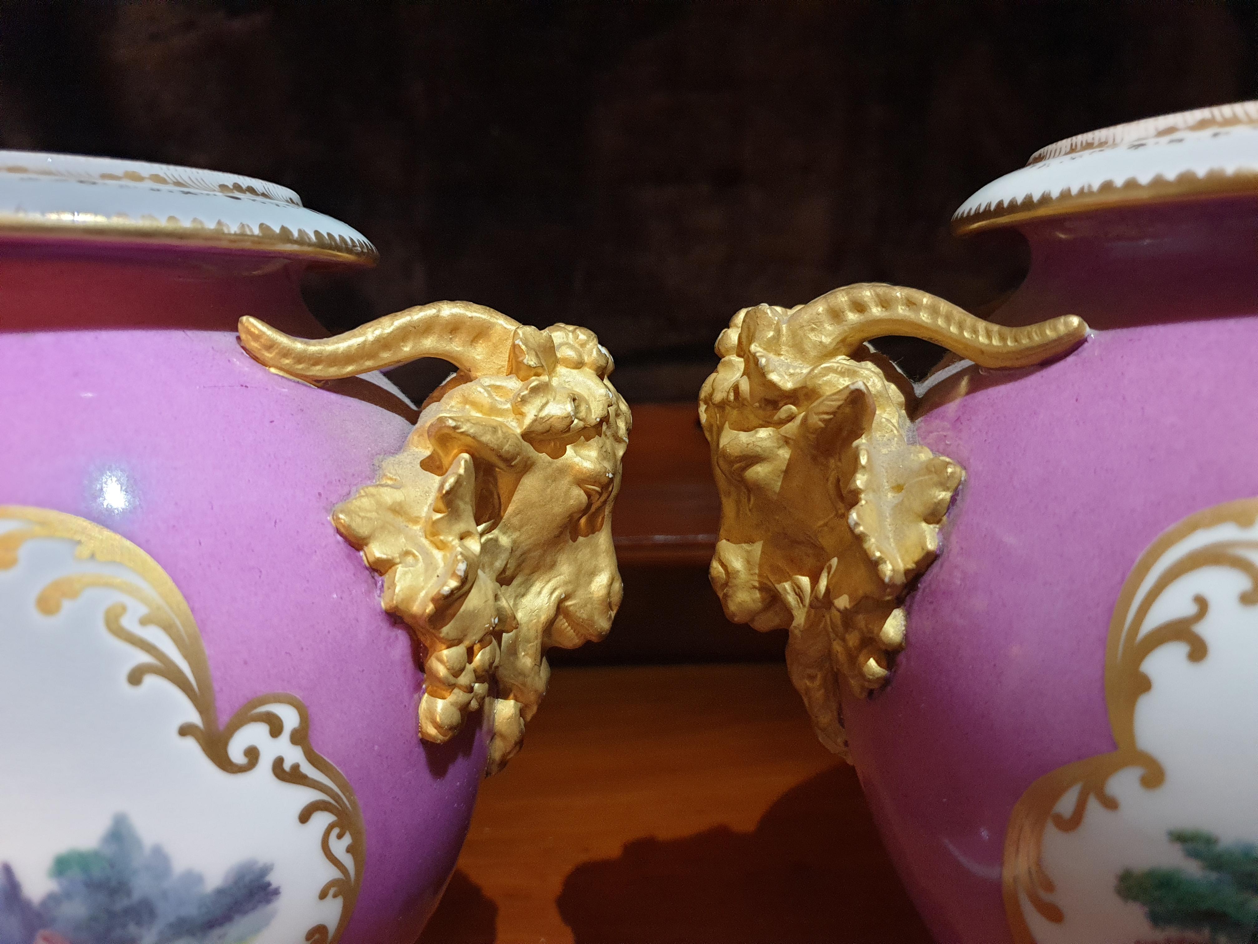 Royal Crown Staffordshire Pair of Golden Ram Handled Hand Painted Pink Vases  For Sale 1