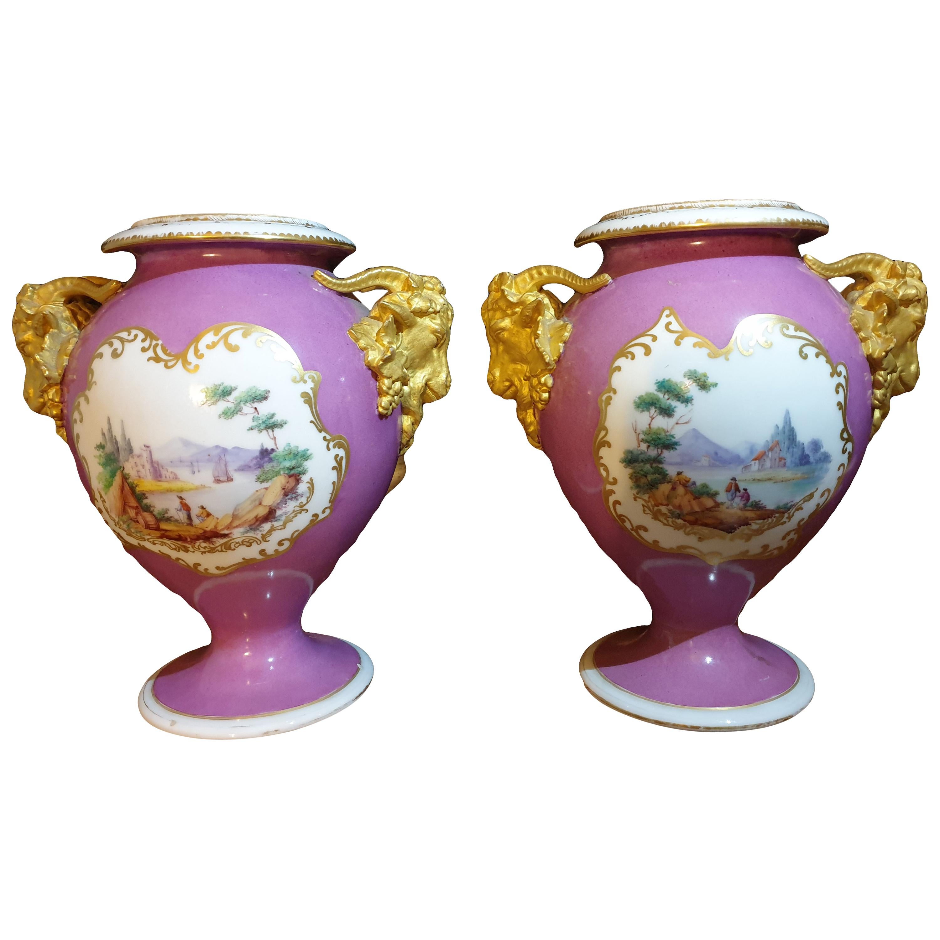 Royal Crown Staffordshire Pair of Golden Ram Handled Hand Painted Pink Vases  For Sale