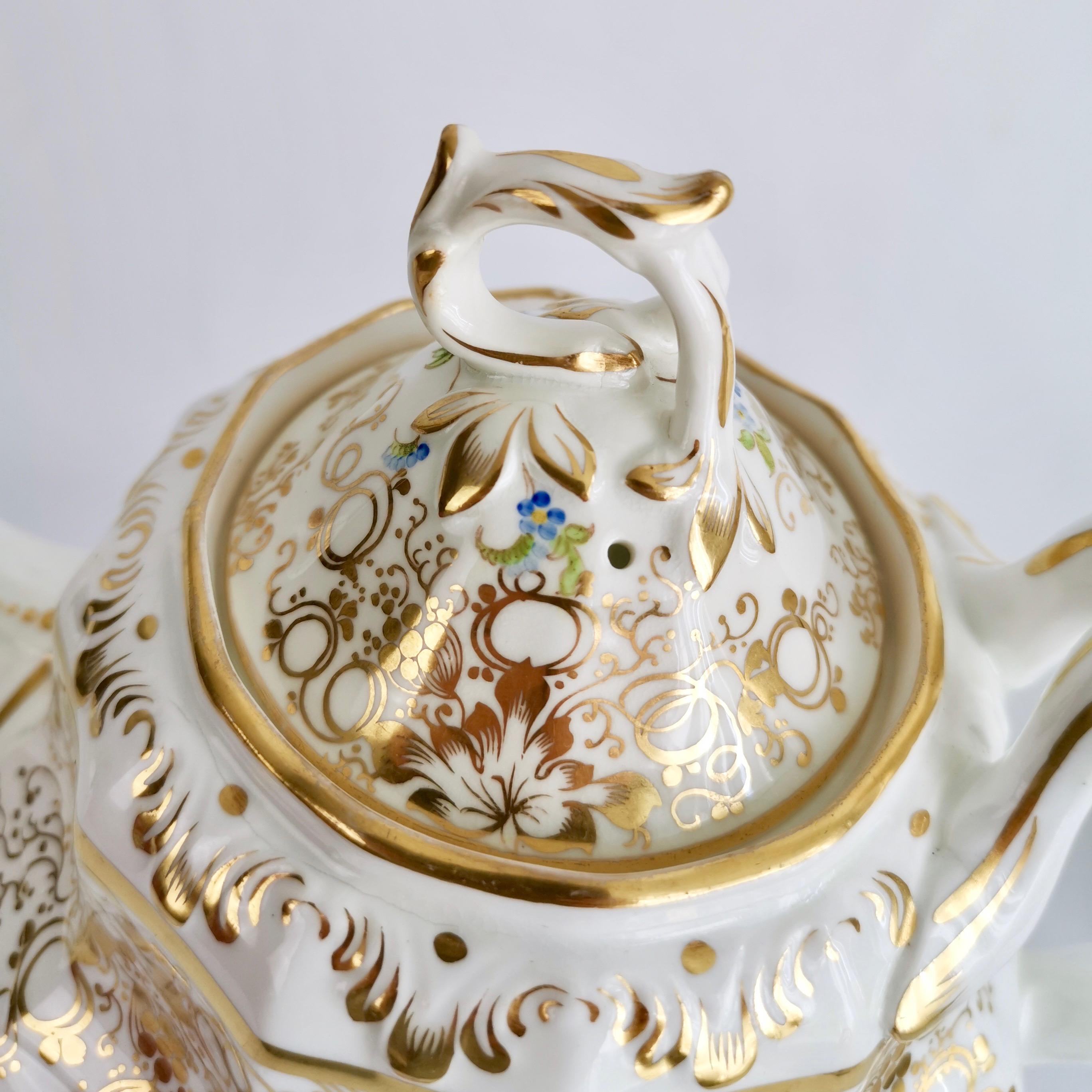 English Staffordshire Porcelain Tea Service, White and Gilt, Rococo Revival, circa 1845