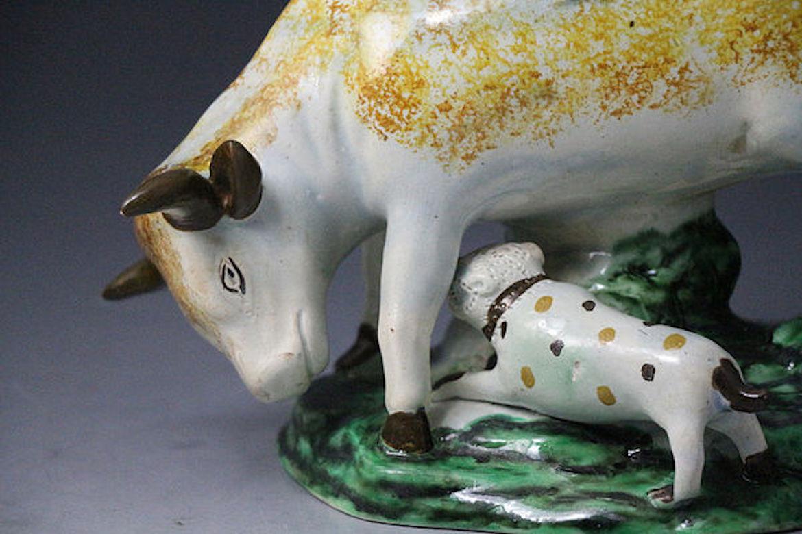 English Staffordshire Pearlware Figure of a Bull and Bull Terrier on Green Base For Sale