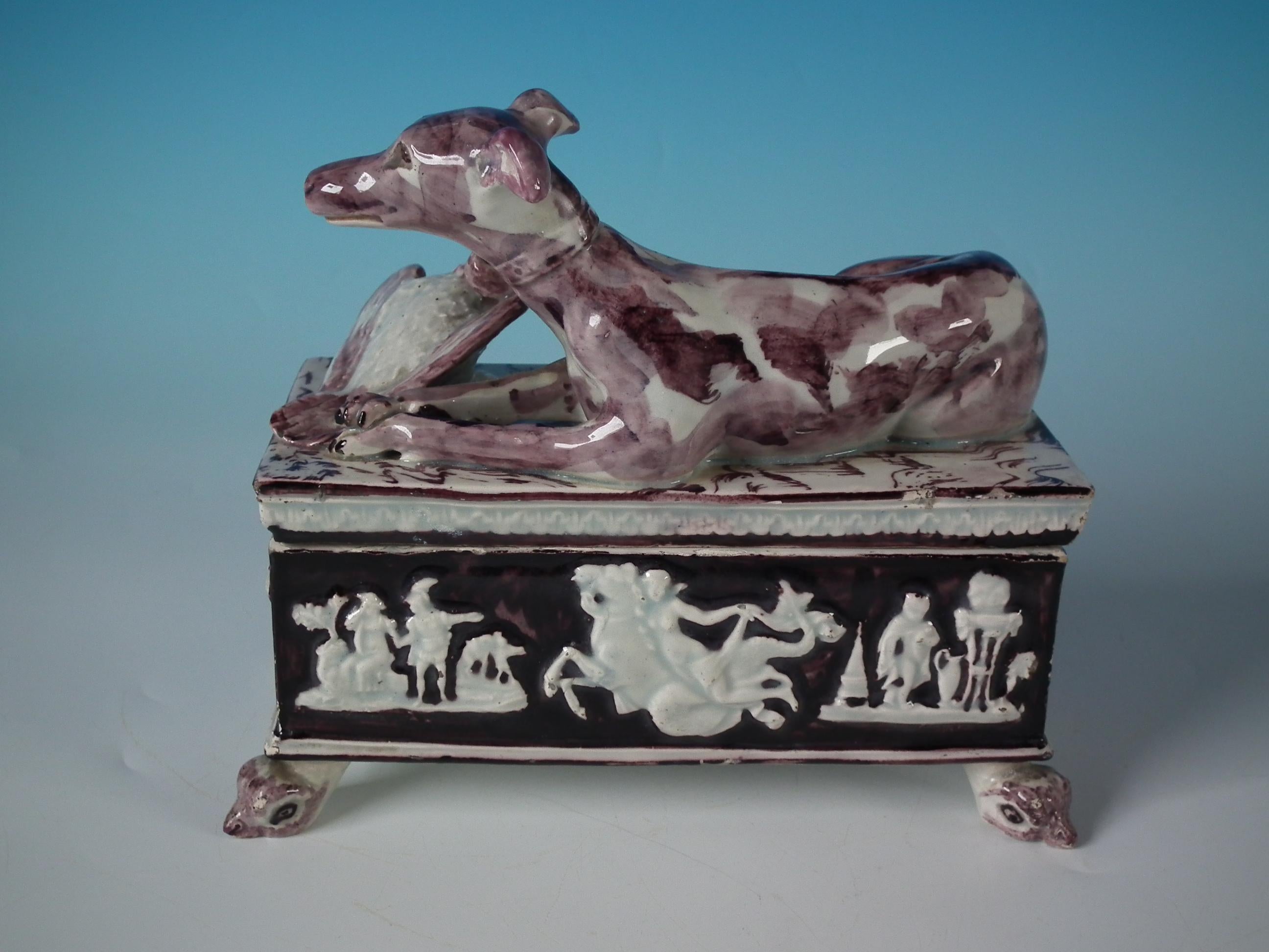 Georgian Staffordshire Pearlware Greyhound Box and Cover