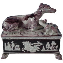 Antique Staffordshire Pearlware Greyhound Box and Cover