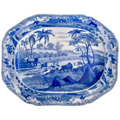 Plat à viande Staffordshire Pearlware:: motif chasse à l'ours Imitation Spode