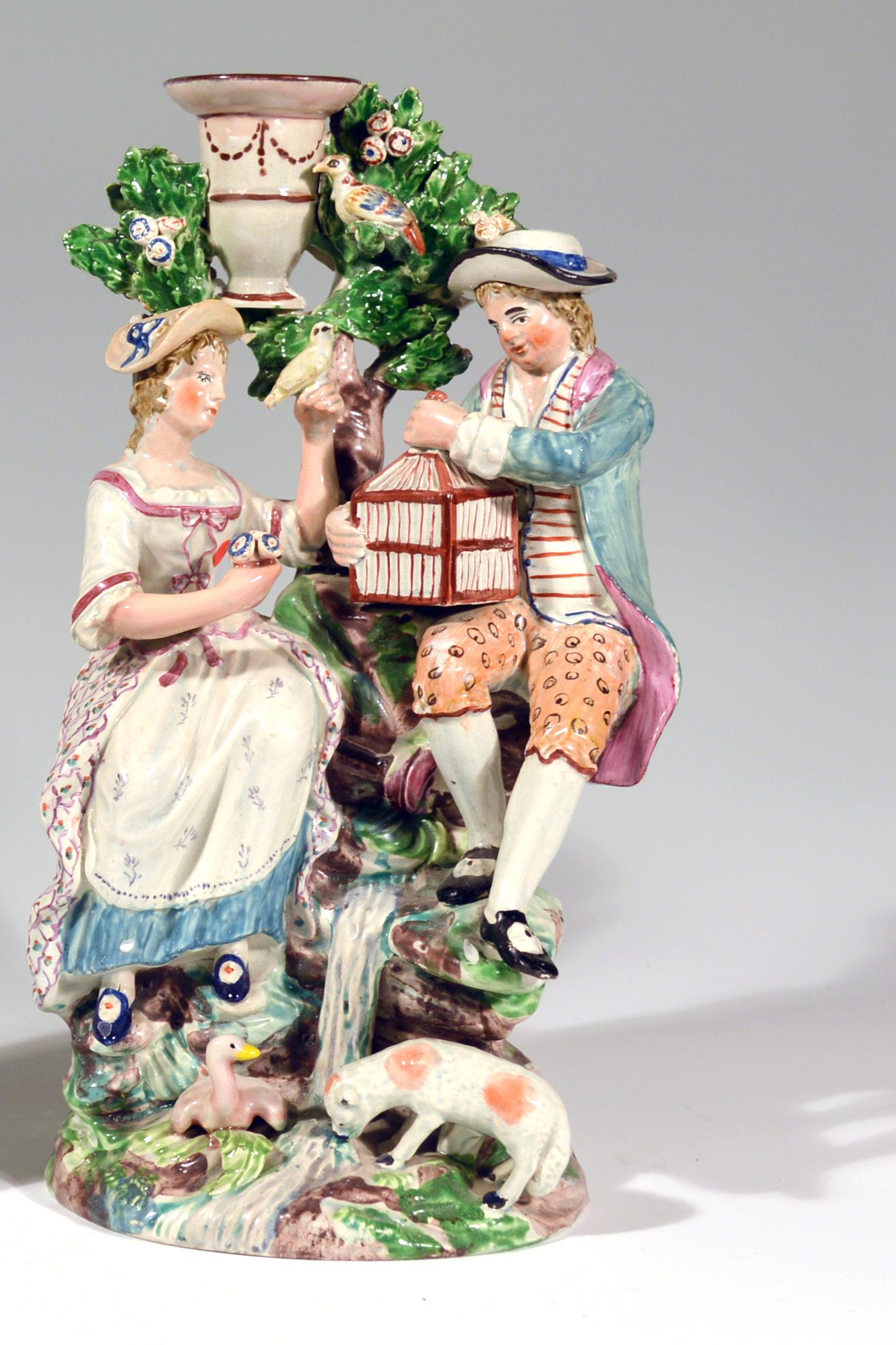 Georgian Staffordshire Pearlware Pair of Large Candlestick Figure Groups, 1790-1810