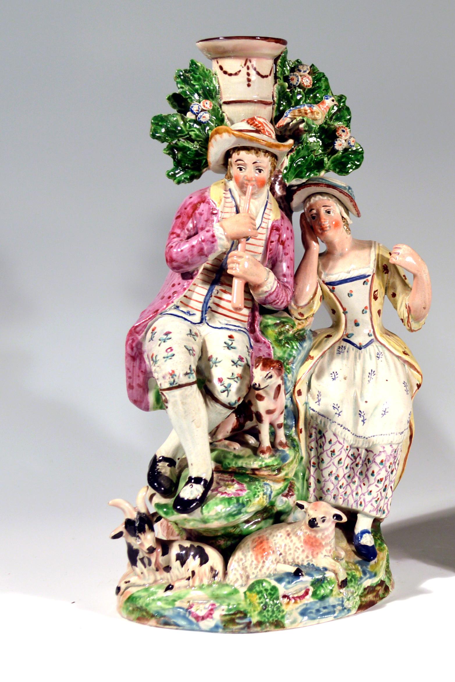 English Staffordshire Pearlware Pair of Large Candlestick Figure Groups, 1790-1810