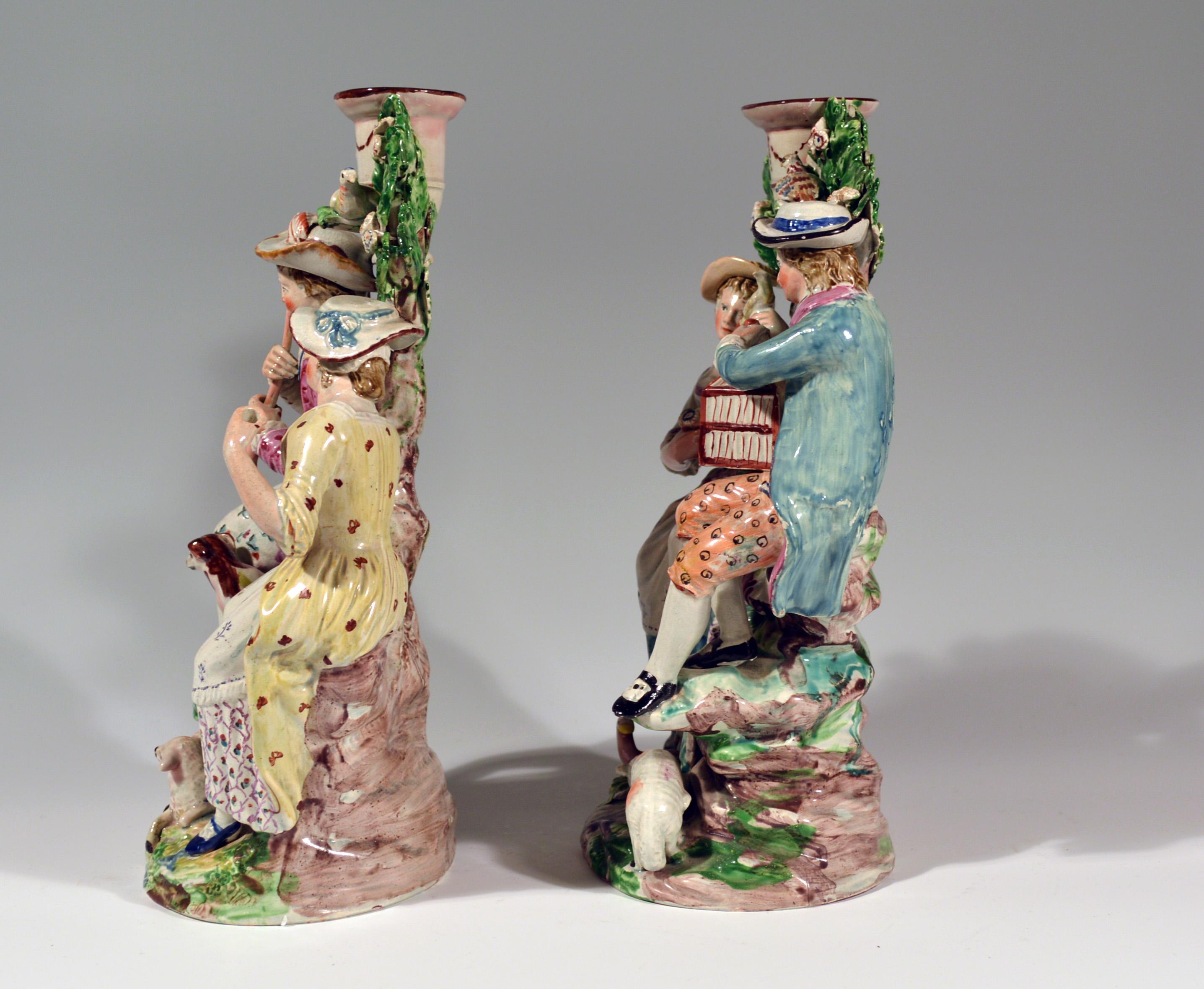 Staffordshire Pearlware Pair of Large Candlestick Figure Groups, 1790-1810 In Good Condition In Downingtown, PA