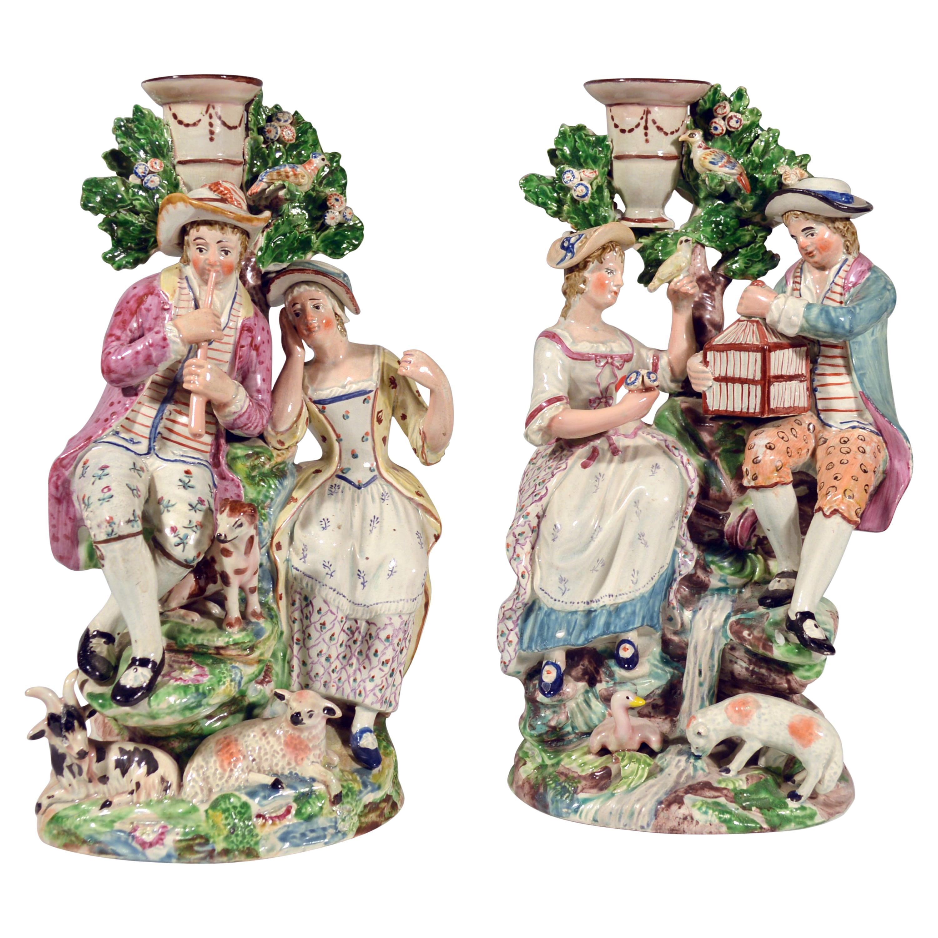 Staffordshire Pearlware Pair of Large Candlestick Figure Groups, 1790-1810