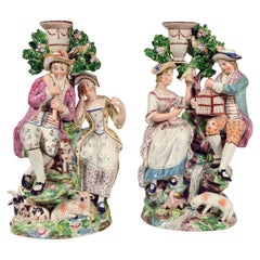 Antique Staffordshire Pearlware Pair of Large Candlestick Figure Groups, 1790-1810