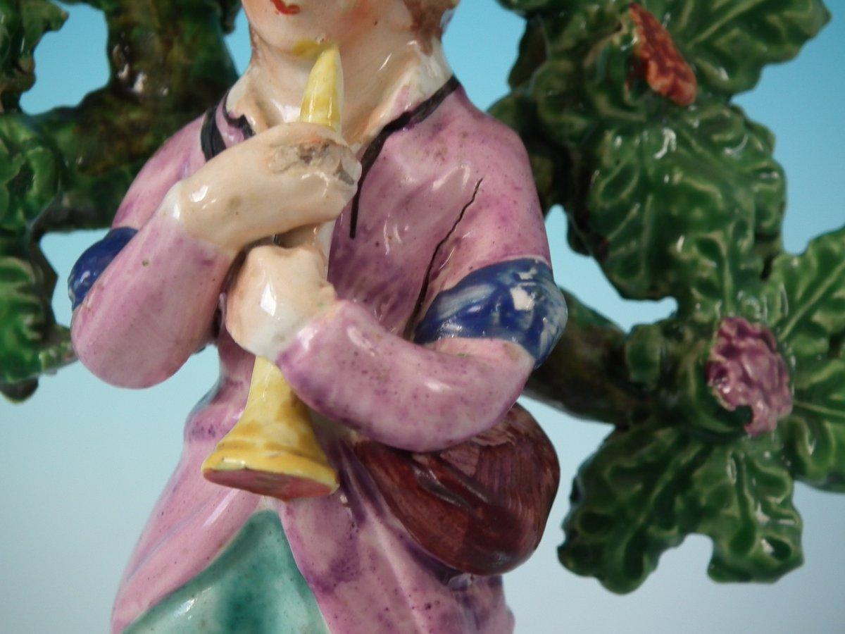 Early 19th Century Staffordshire Pearlware Piper with Dog Bocage Figure For Sale