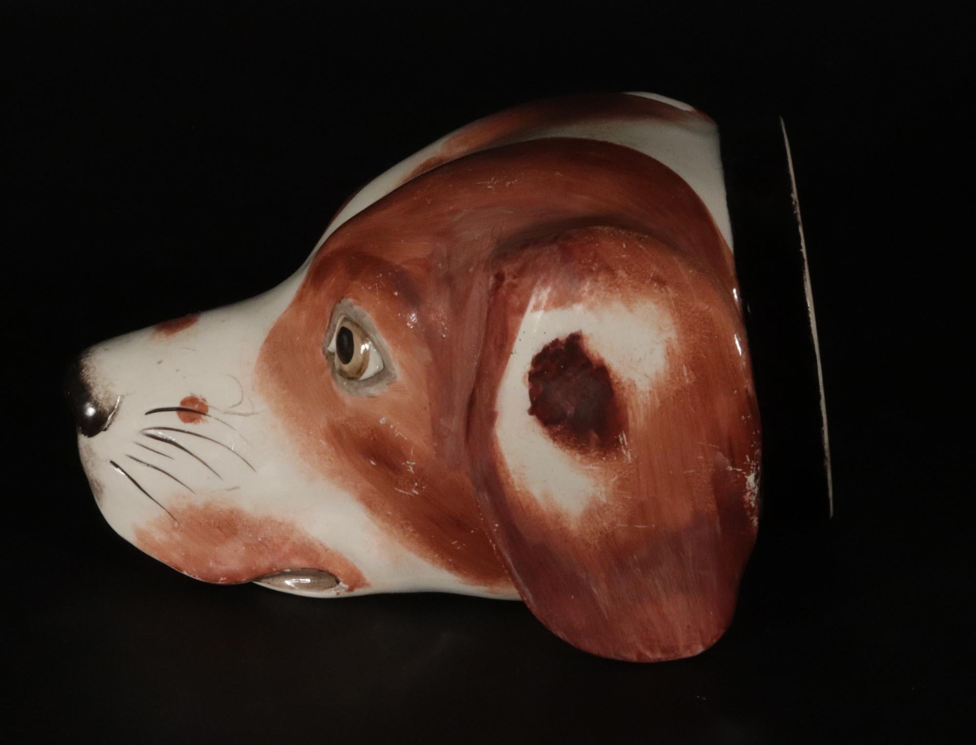 19th Century Staffordshire Pearlware Pottery Fox Hound Stirrup Cup For Sale