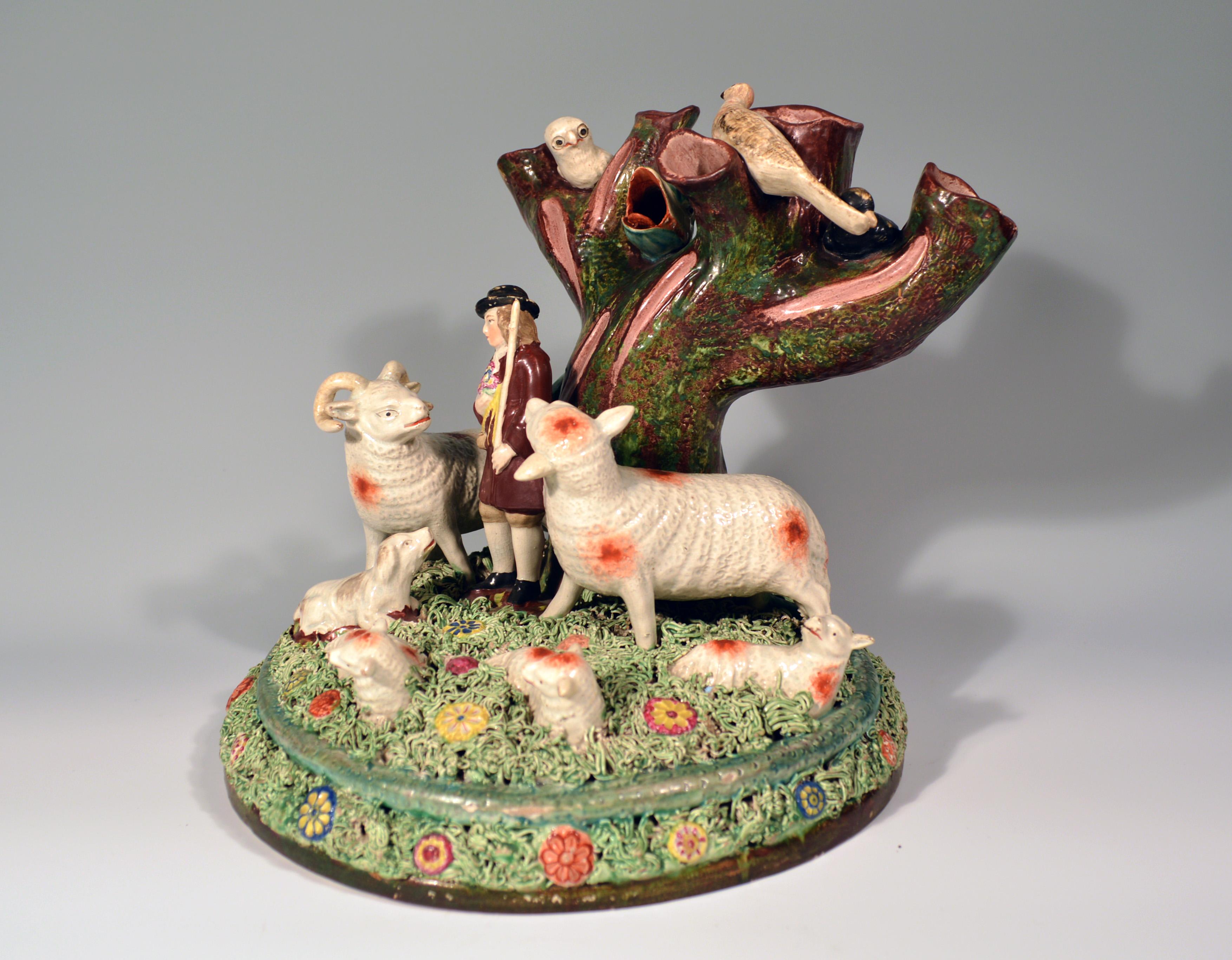 Staffordshire Pearlware Rare Pottery Group of Shepherd and Herd of Sheep, 1825 2