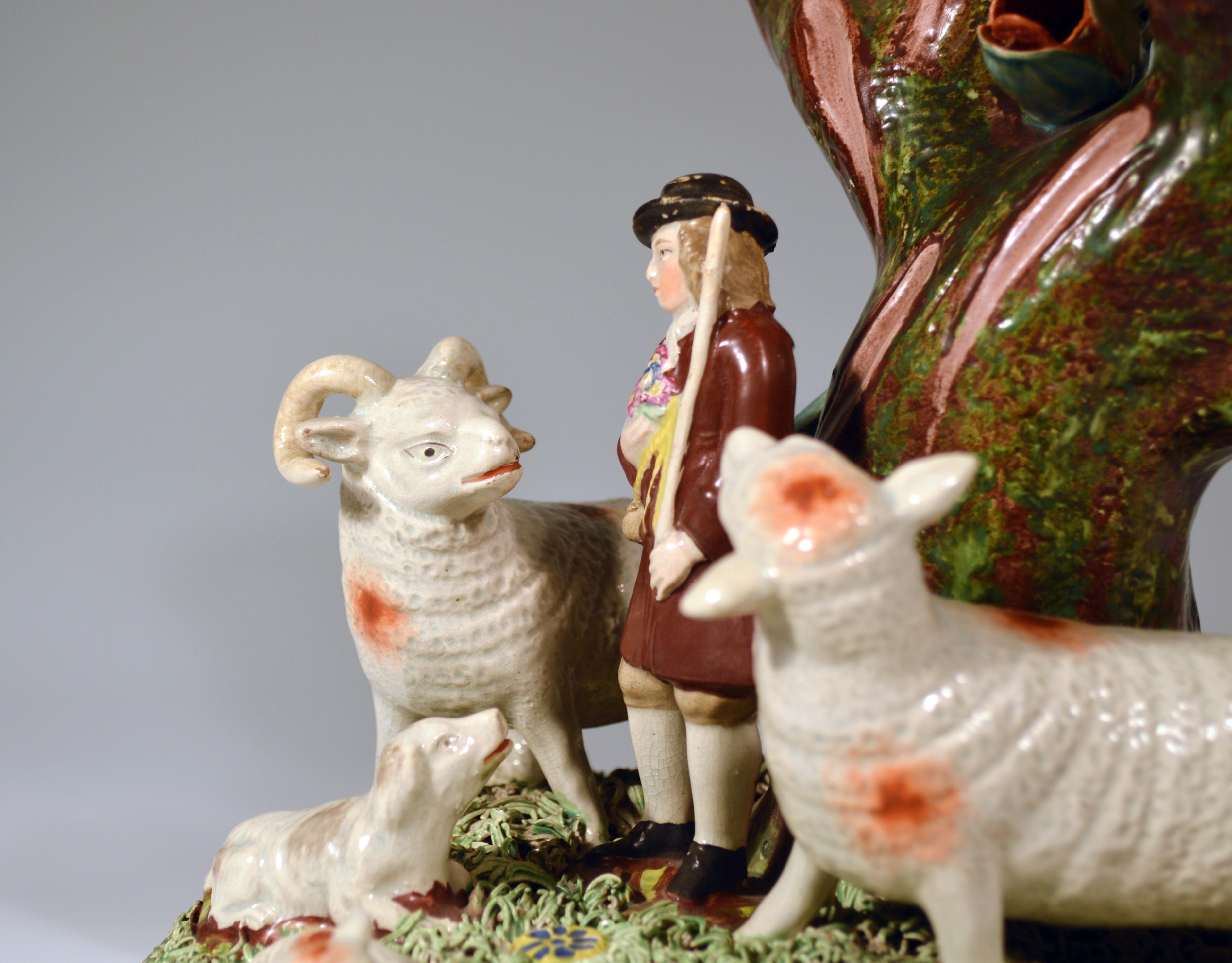 George IV Staffordshire Pearlware Rare Pottery Group of Shepherd and Herd of Sheep, 1825