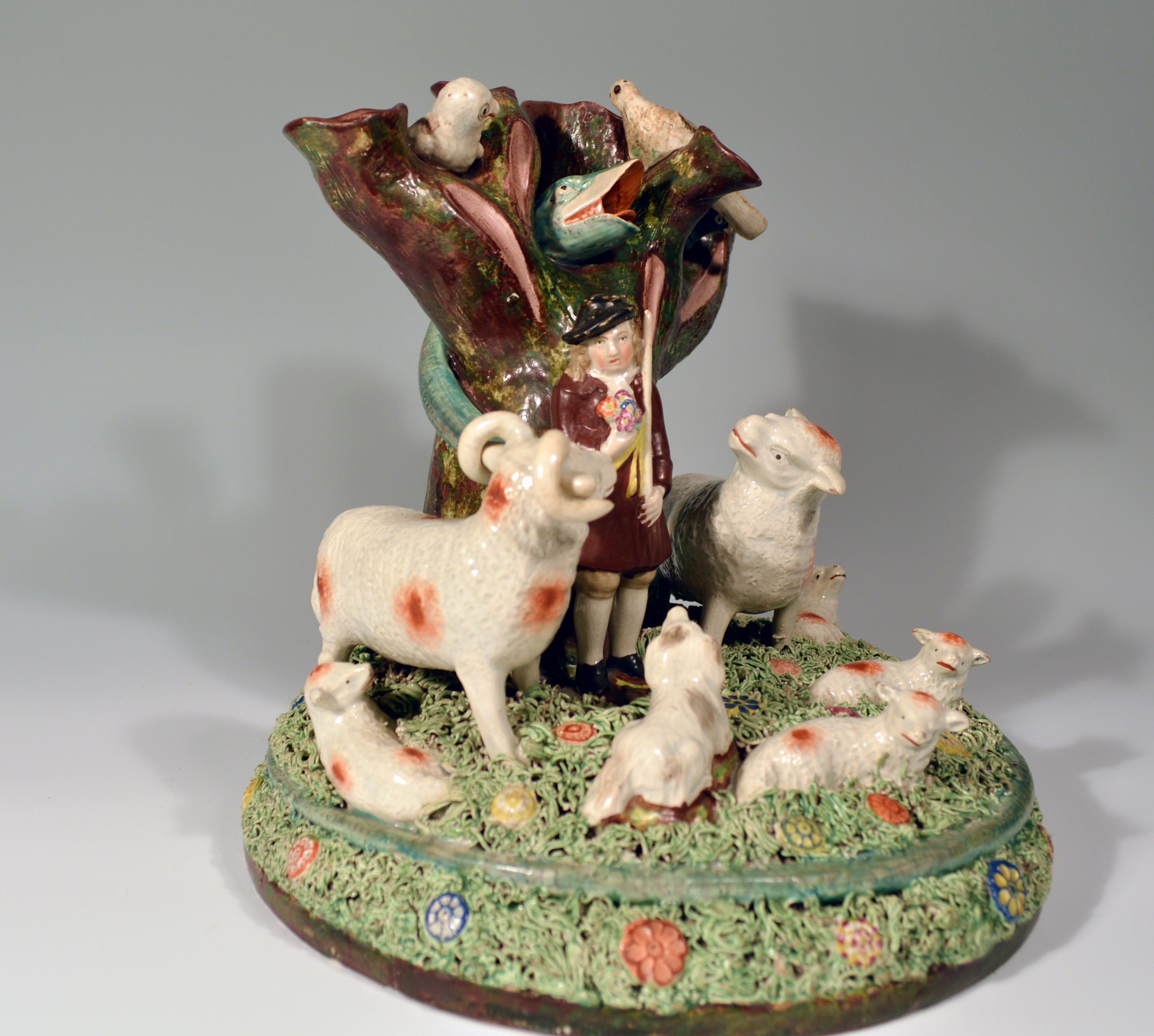 Staffordshire Pearlware Rare Pottery Group of Shepherd and Herd of Sheep, 1825 In Good Condition In Downingtown, PA