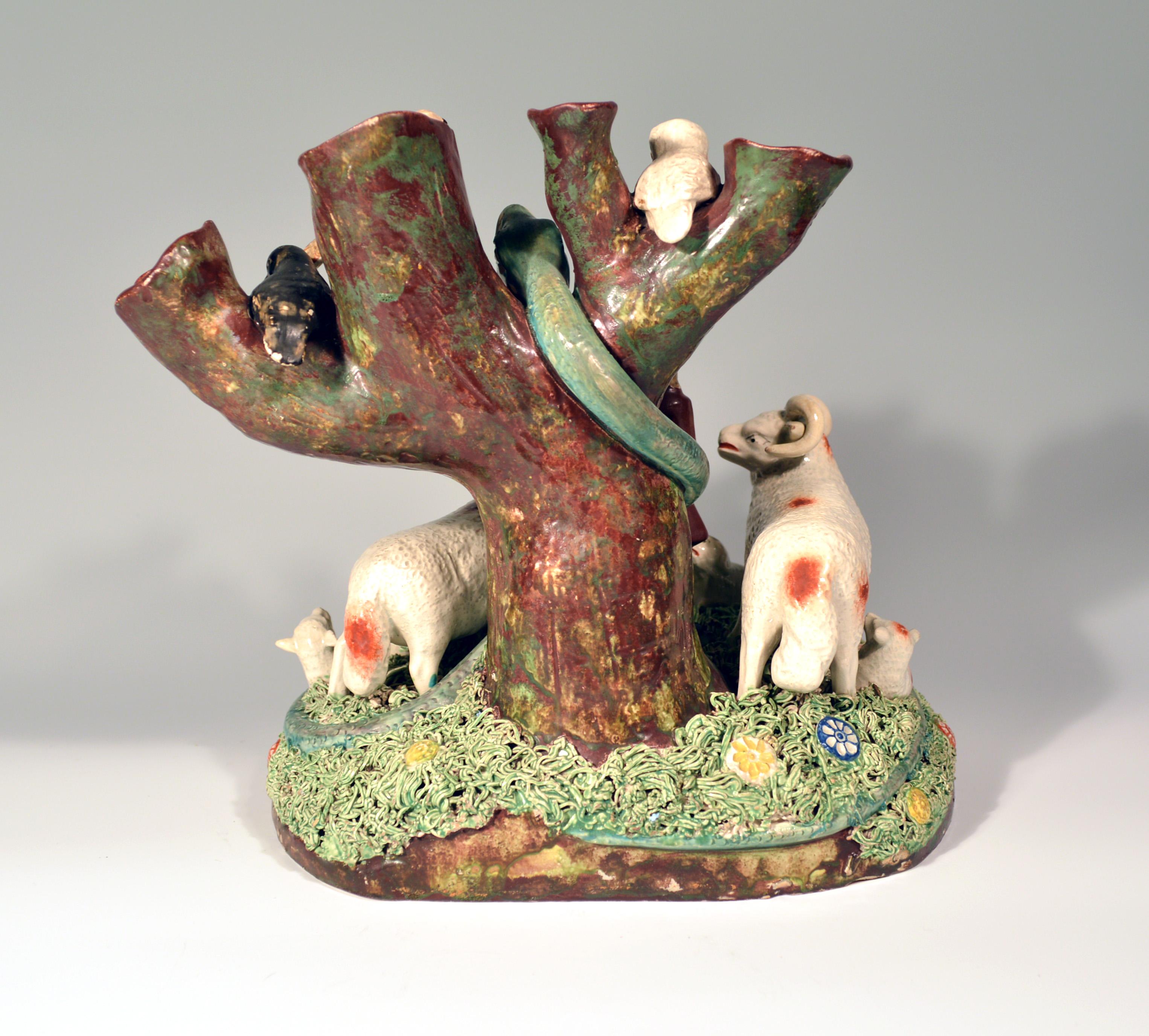 19th Century Staffordshire Pearlware Rare Pottery Group of Shepherd and Herd of Sheep, 1825