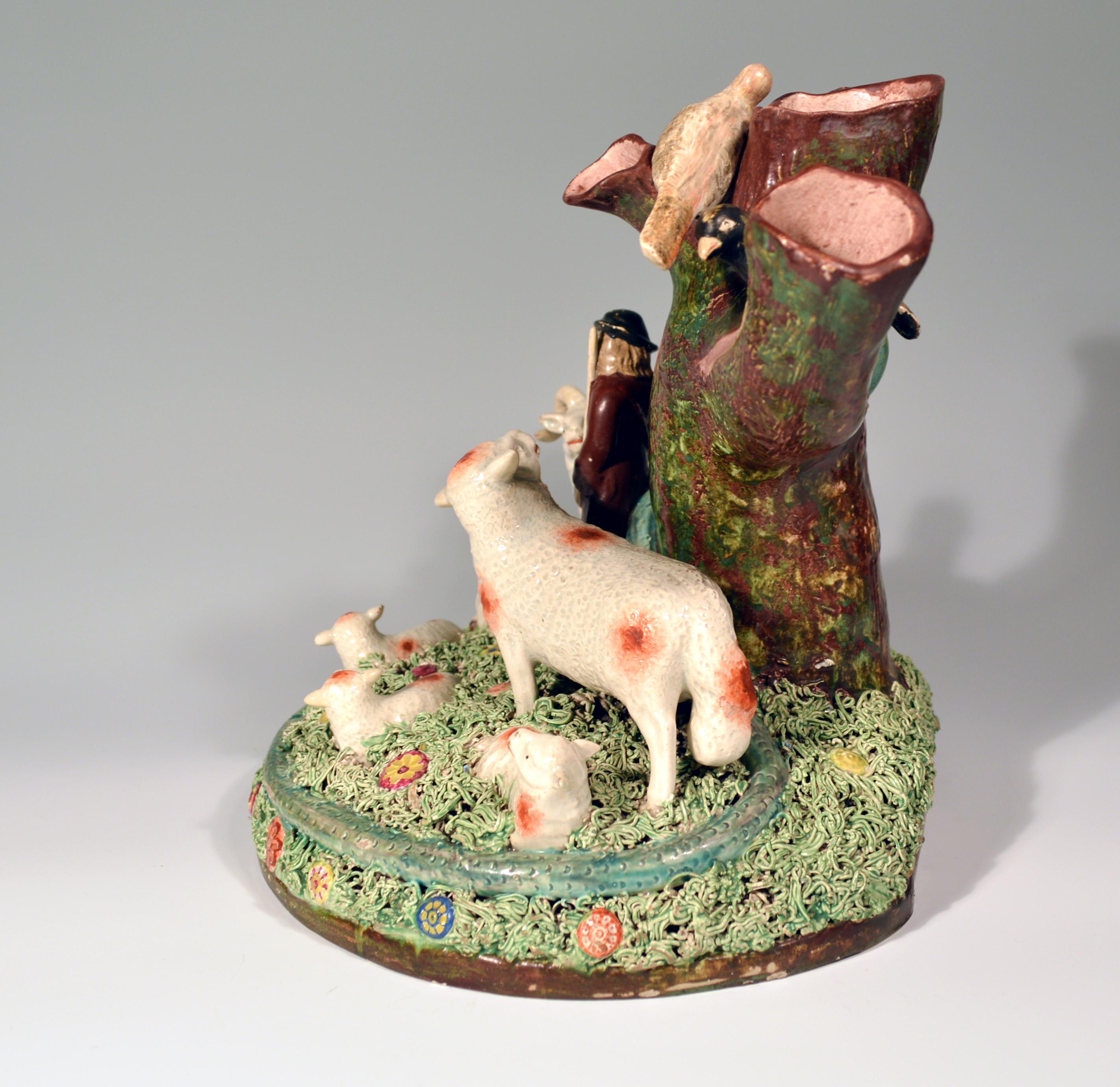 Staffordshire Pearlware Rare Pottery Group of Shepherd and Herd of Sheep, 1825 1