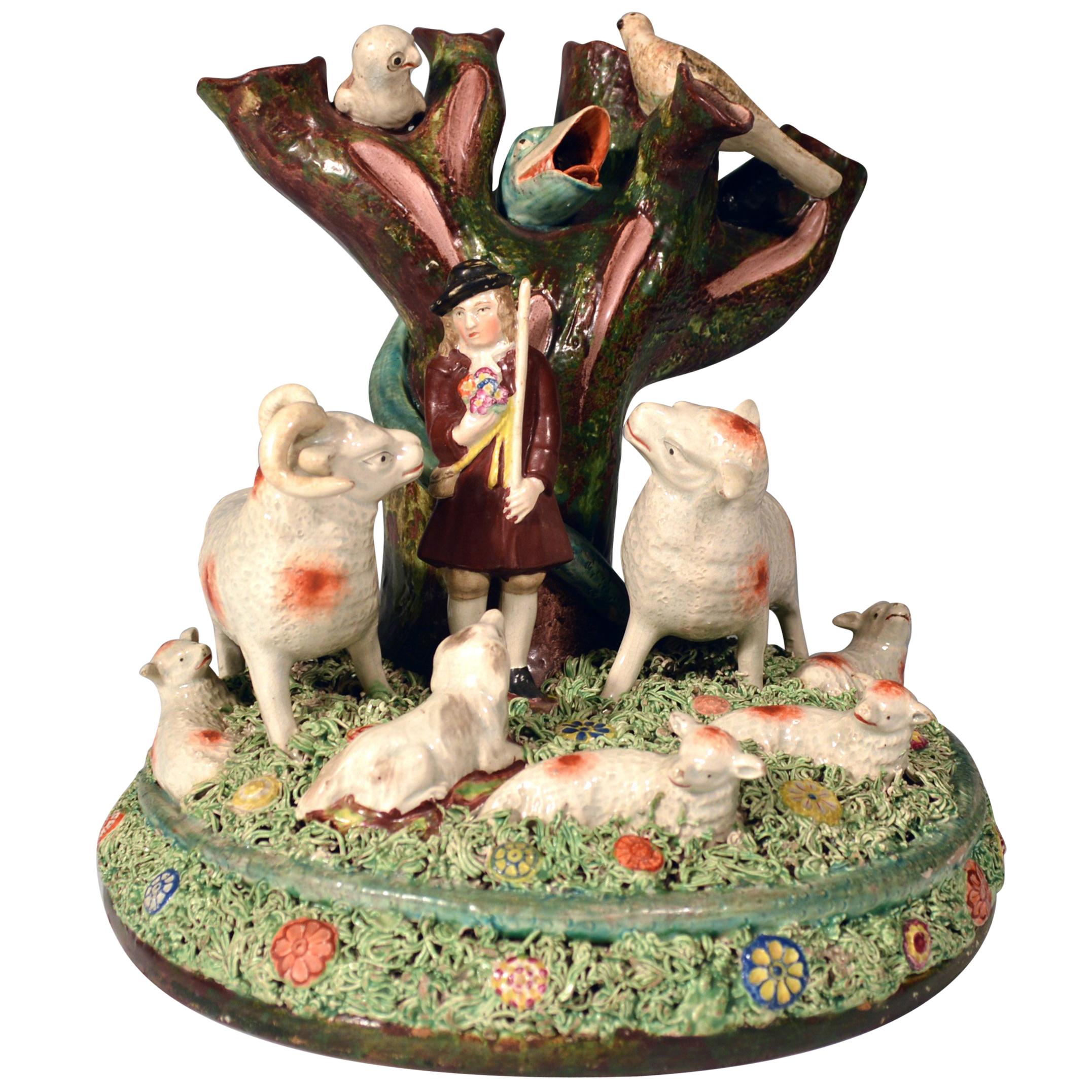 Staffordshire Pearlware Rare Pottery Group of Shepherd and Herd of Sheep, 1825