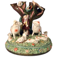 Staffordshire Pearlware Rare Pottery Group of Shepherd and Herd of Sheep, 1825