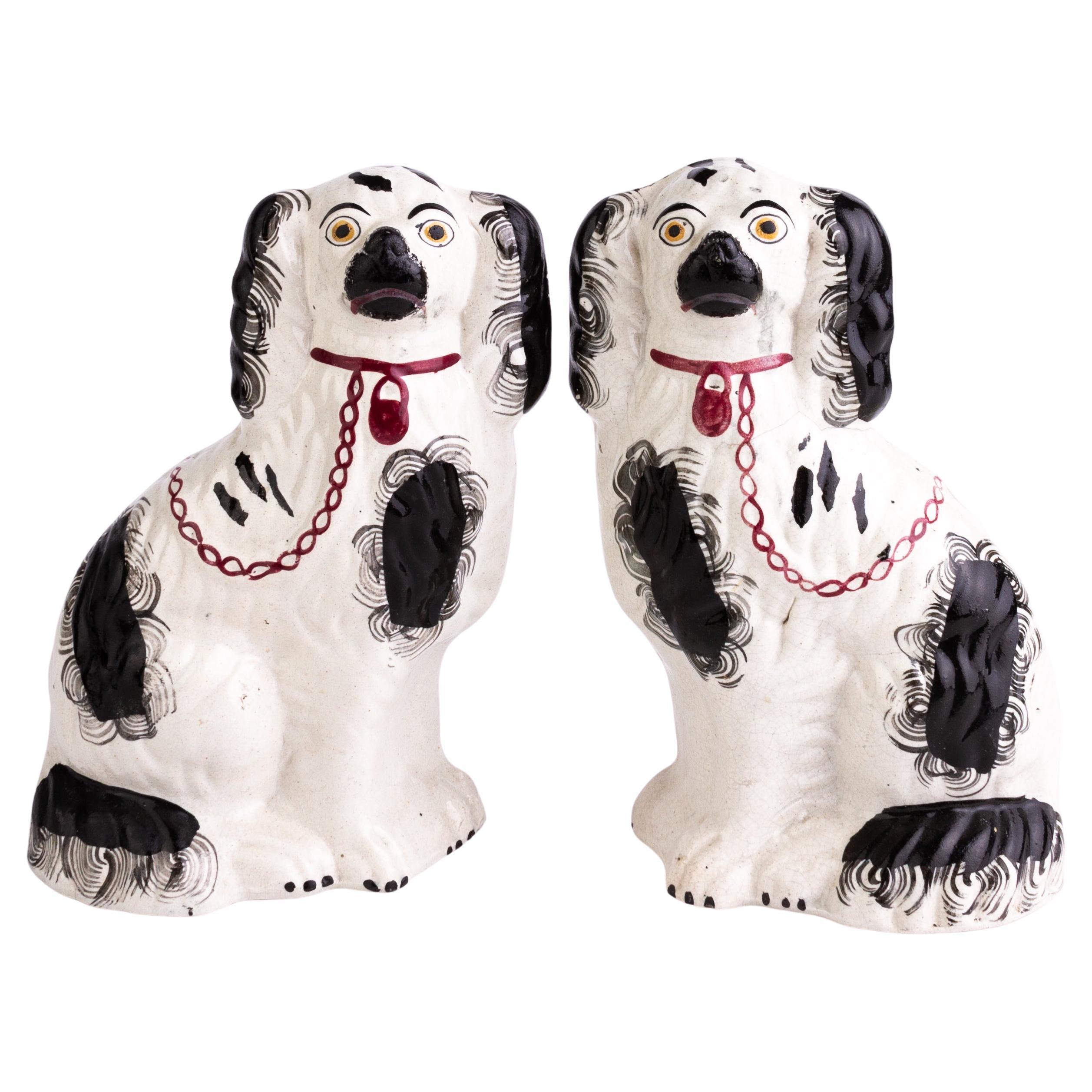 Staffordshire Polychrome Pottery Spaniels Figures 19th Century  For Sale