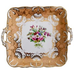 Staffordshire Porcelain Cake Plate, Peach with Flowers, circa 1835