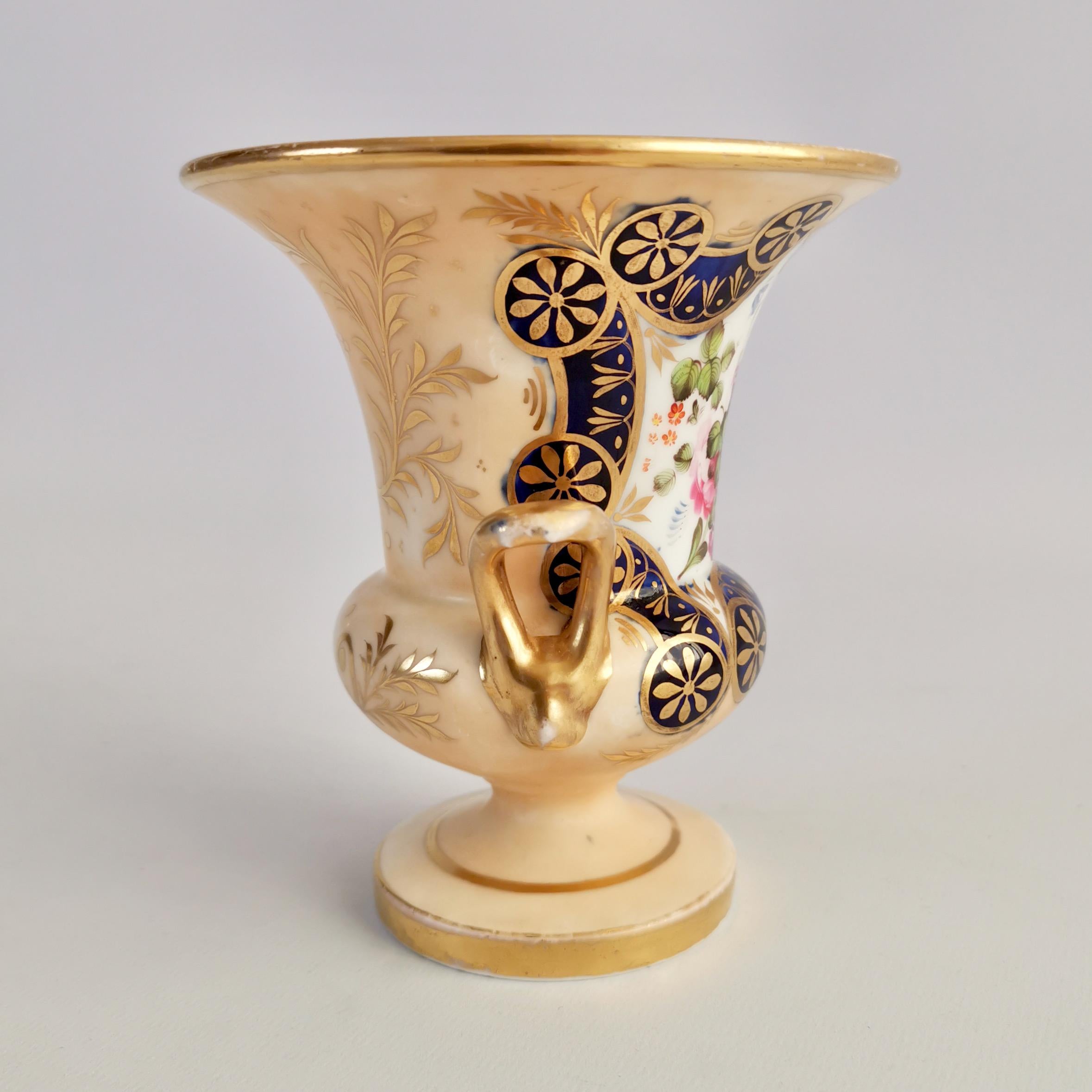 Regency Staffordshire Porcelain Campana Vase, Salmon, Gilt and Flowers, circa 1820 For Sale