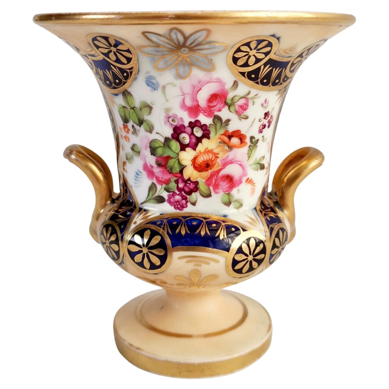 Staffordshire Porcelain Campana Vase, Salmon, Gilt and Flowers, circa 1820 For Sale