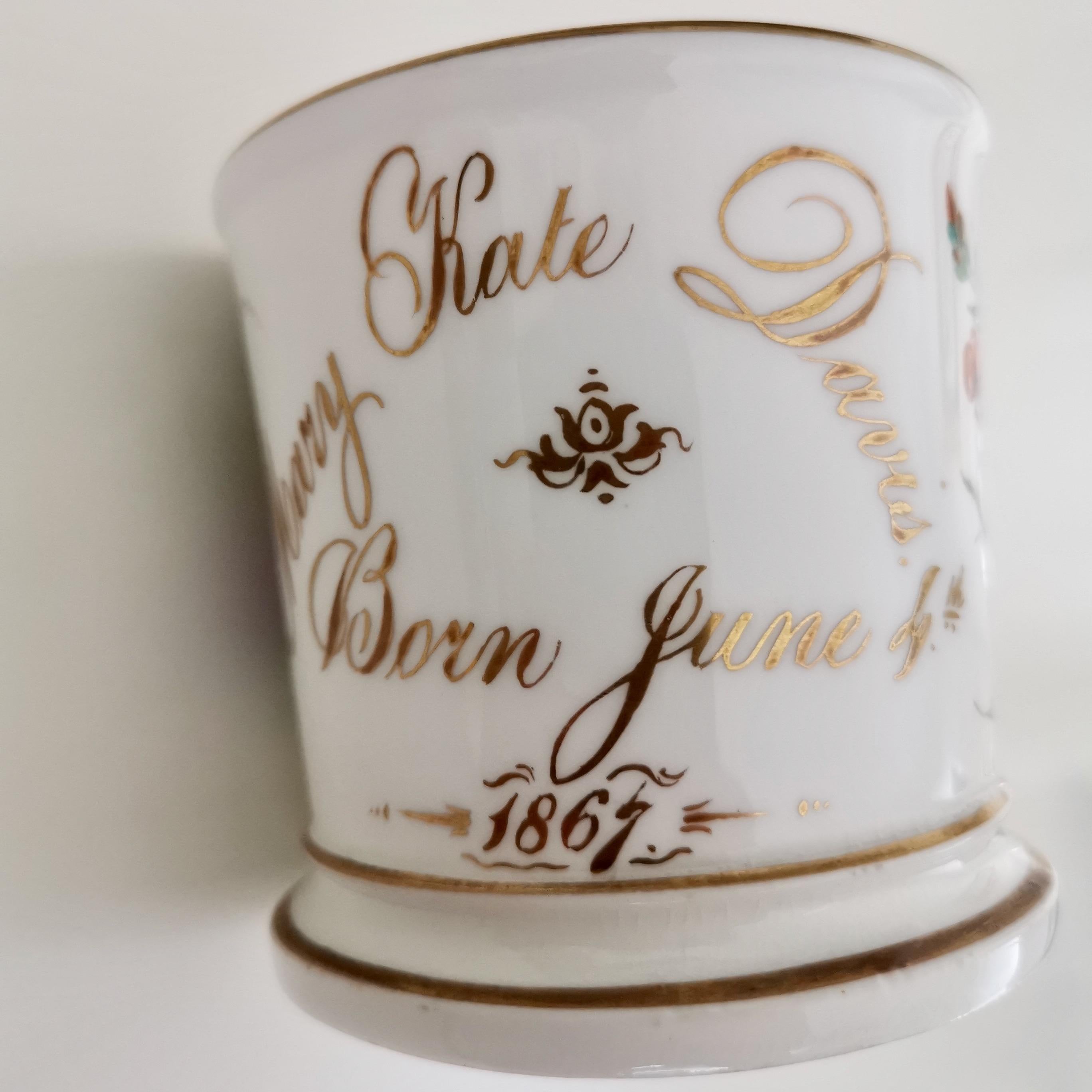 Mid-19th Century Staffordshire Porcelain Christening Mug, White with Flowers, Victorian, 1867