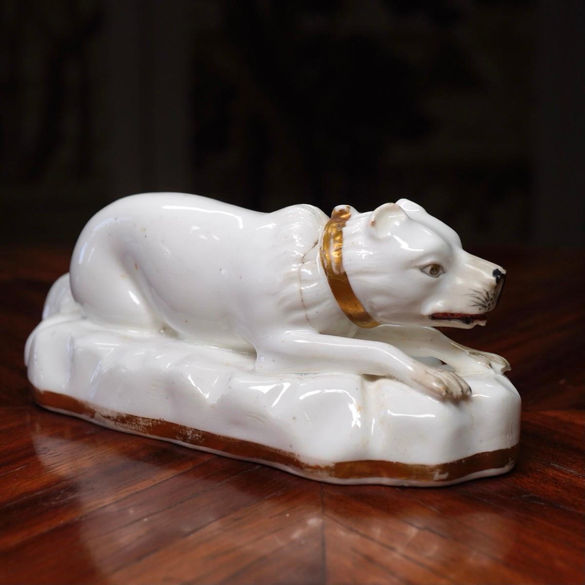 Rococo Revival Staffordshire Porcelain Dog, Possibly Alcock, circa 1830 For Sale