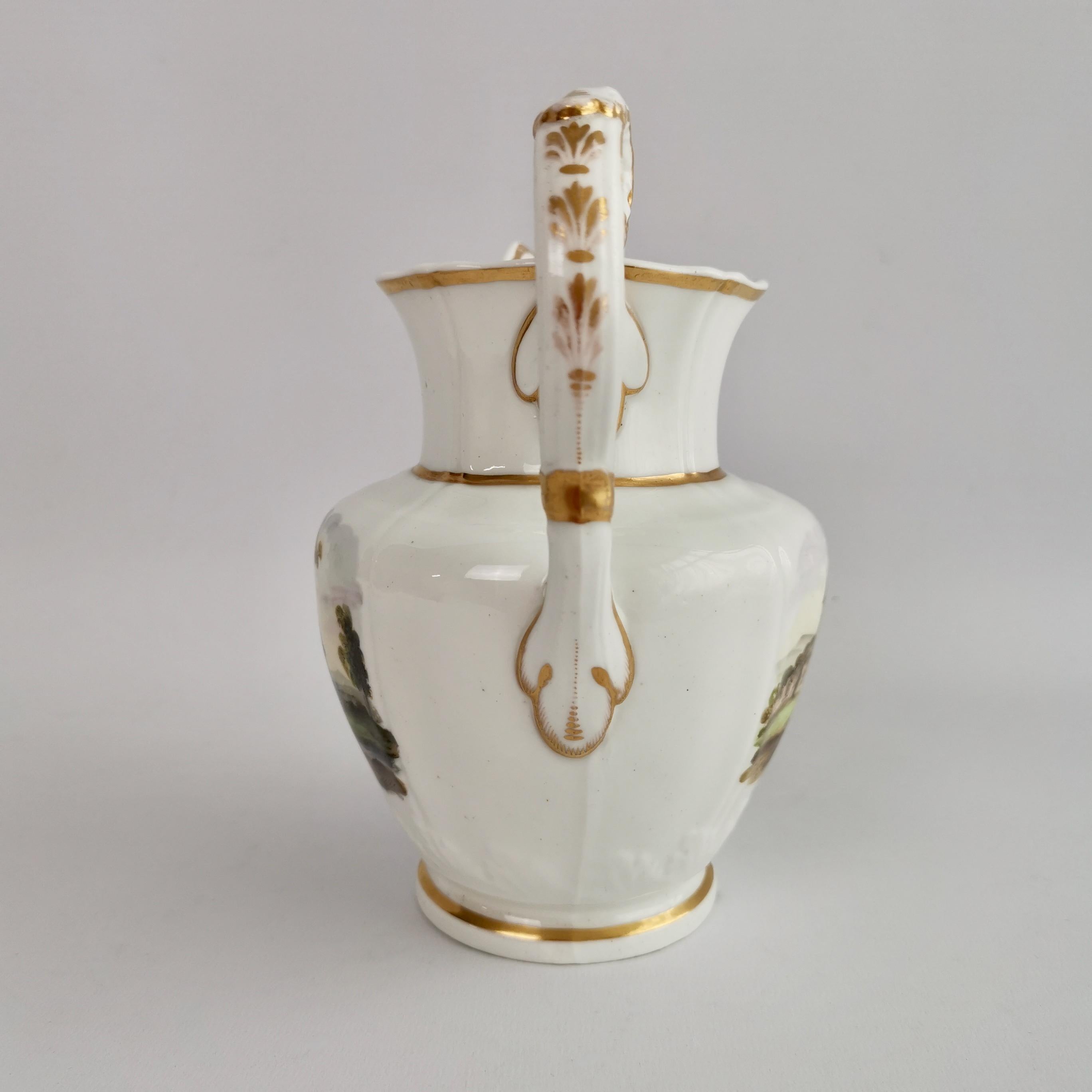 English Staffordshire Porcelain Jug, White with Landscapes, Regency ca 1820