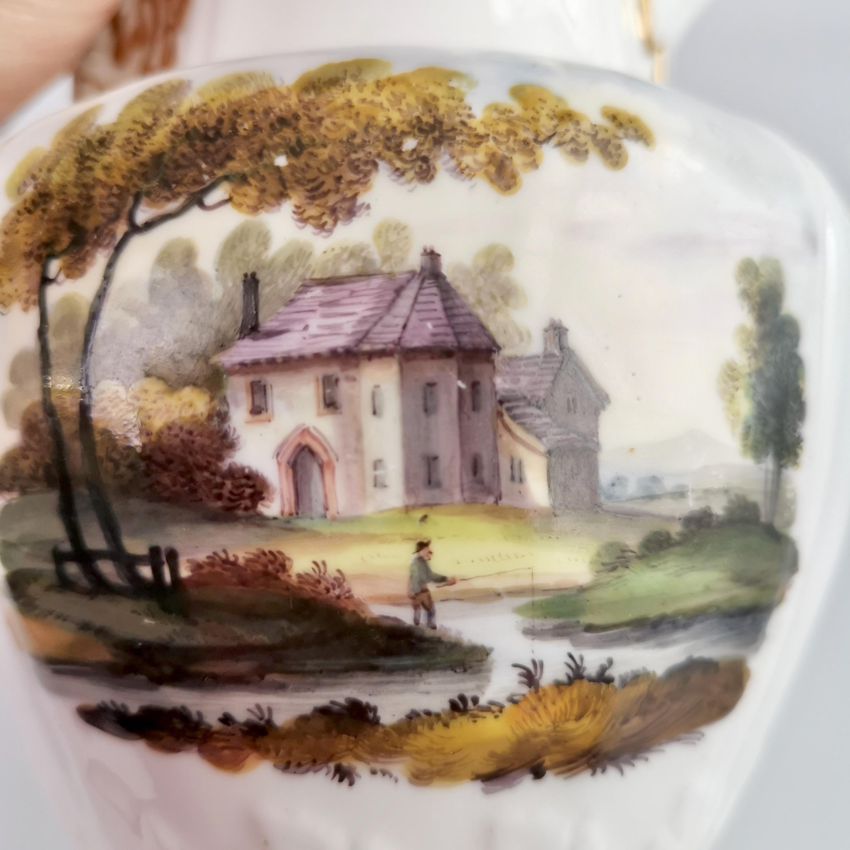 Hand-Painted Staffordshire Porcelain Jug, White with Landscapes, Regency ca 1820