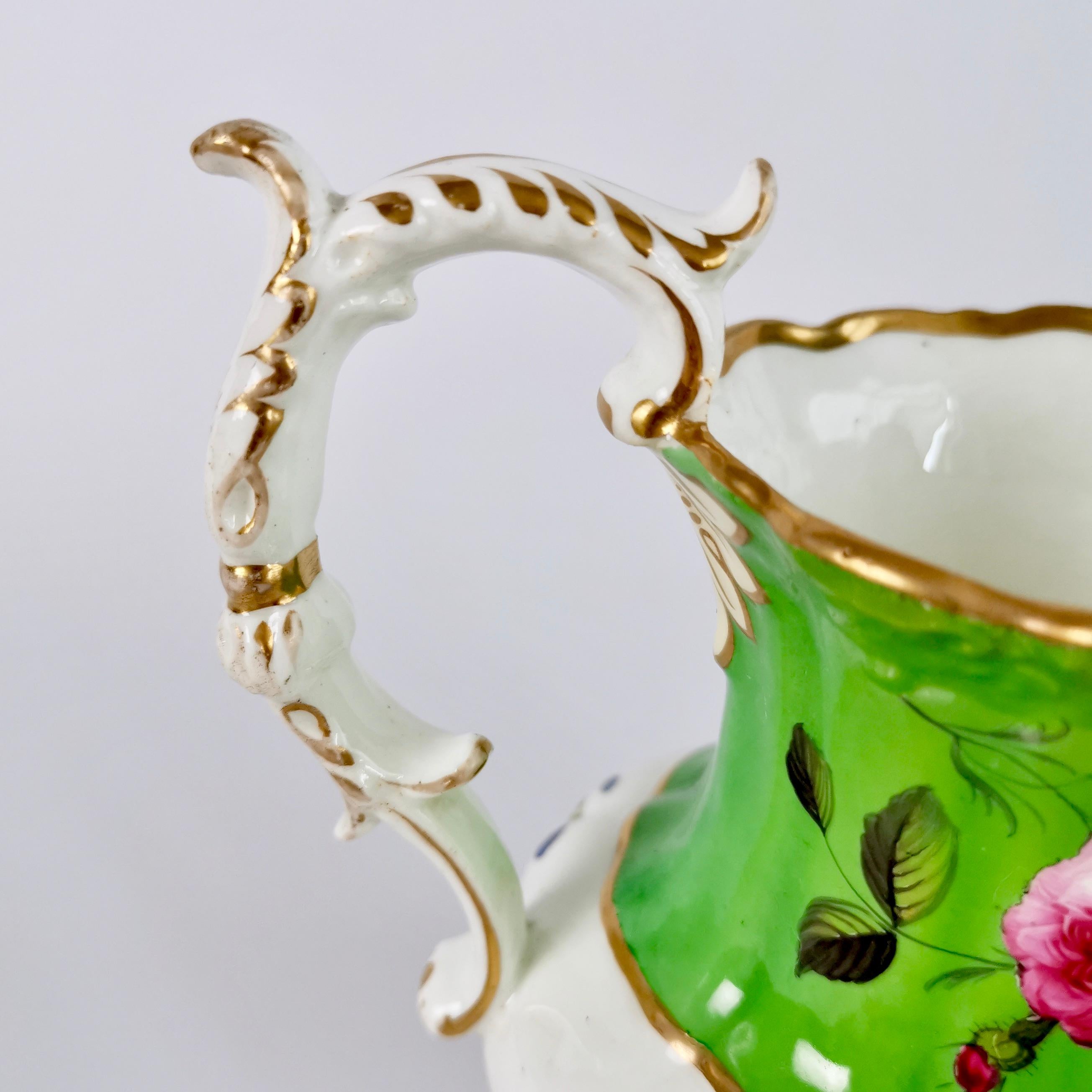 Hilditch Porcelain Pitcher, Apple Green with Hand Painted Flowers, circa 1830 1