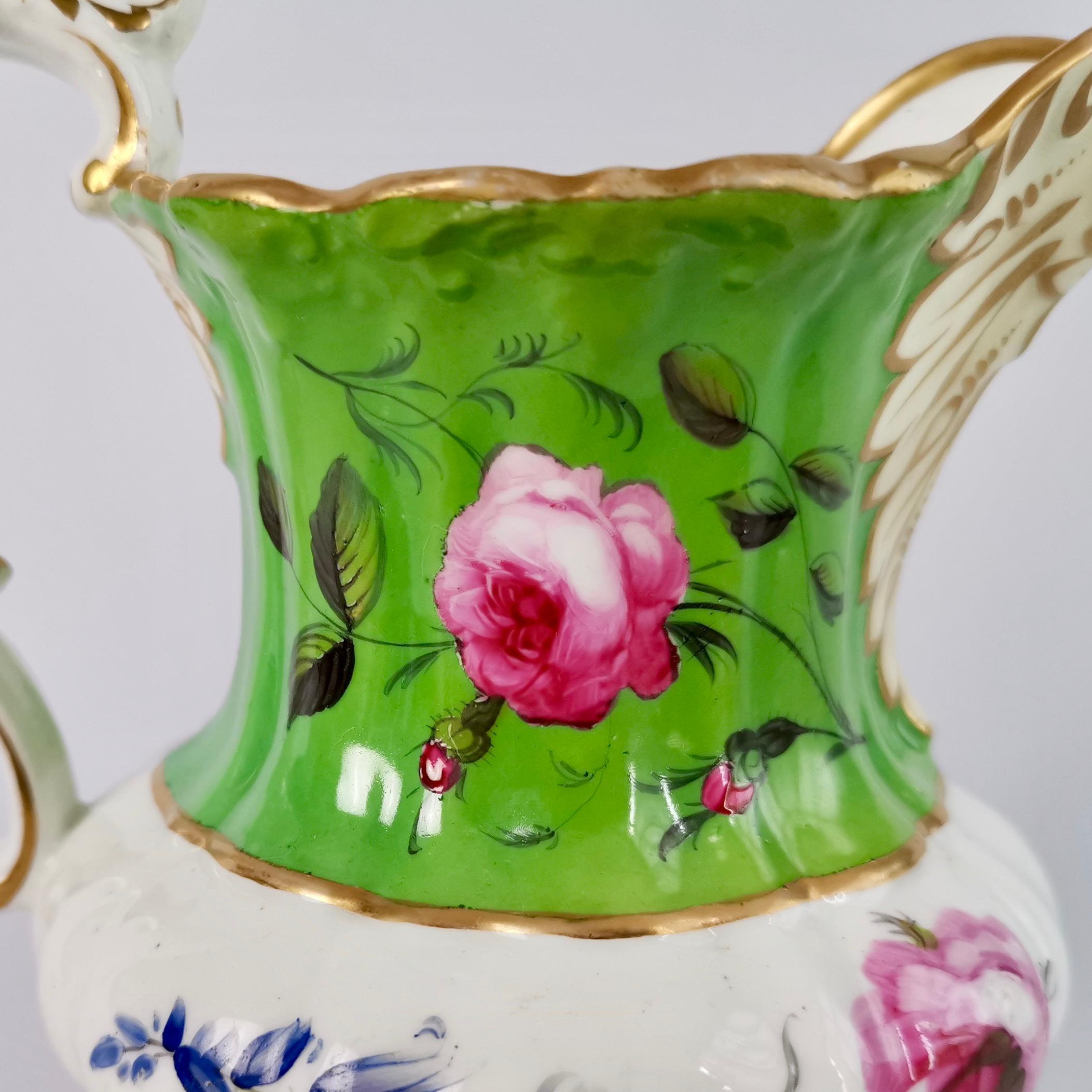 Hilditch Porcelain Pitcher, Apple Green with Hand Painted Flowers, circa 1830 3