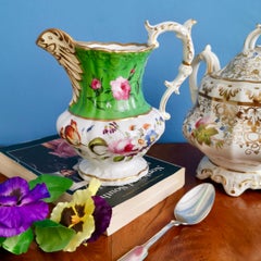 Hilditch Porcelain Pitcher, Apple Green with Hand Painted Flowers, circa 1830