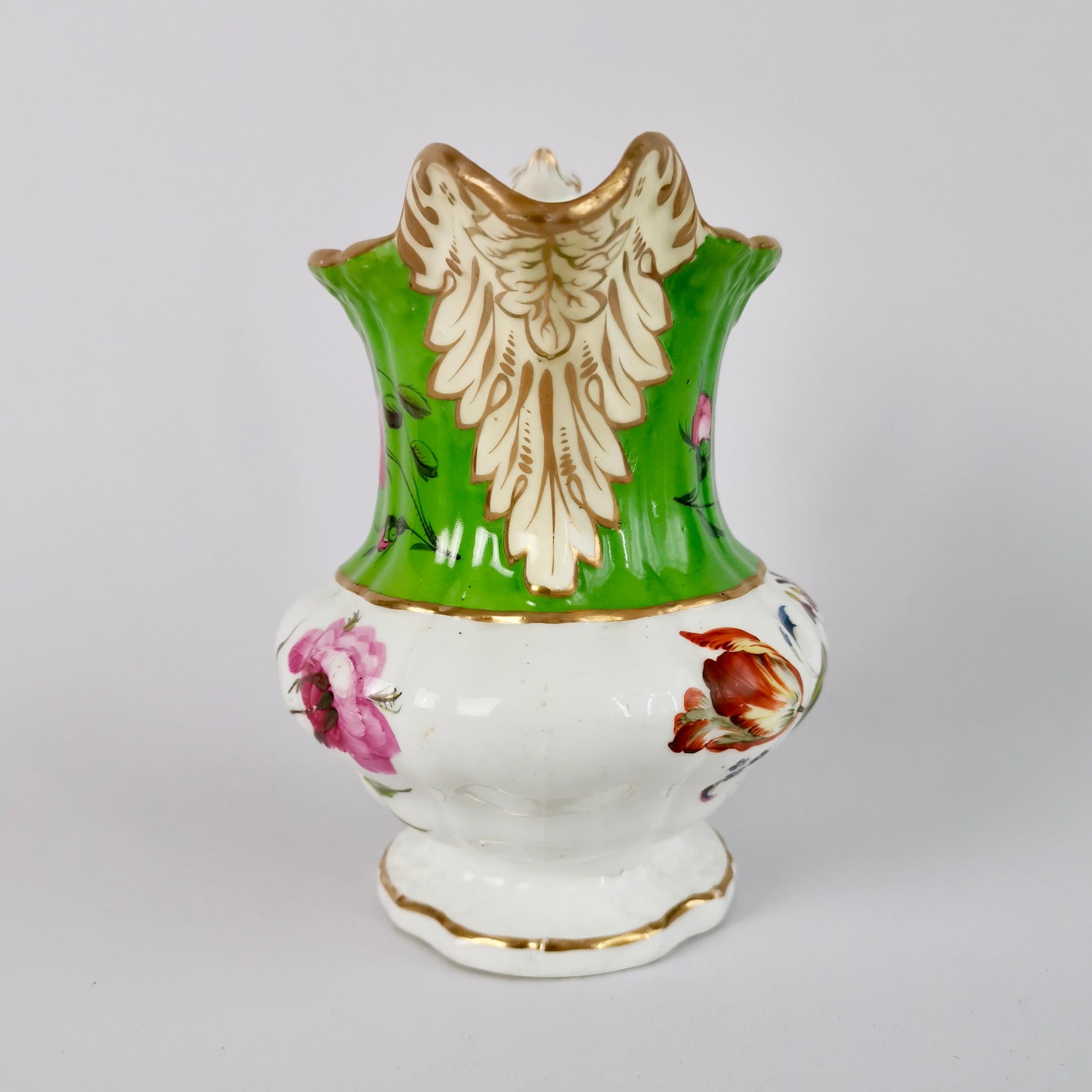 Regency Hilditch Porcelain Pitcher, Apple Green with Hand Painted Flowers, circa 1830