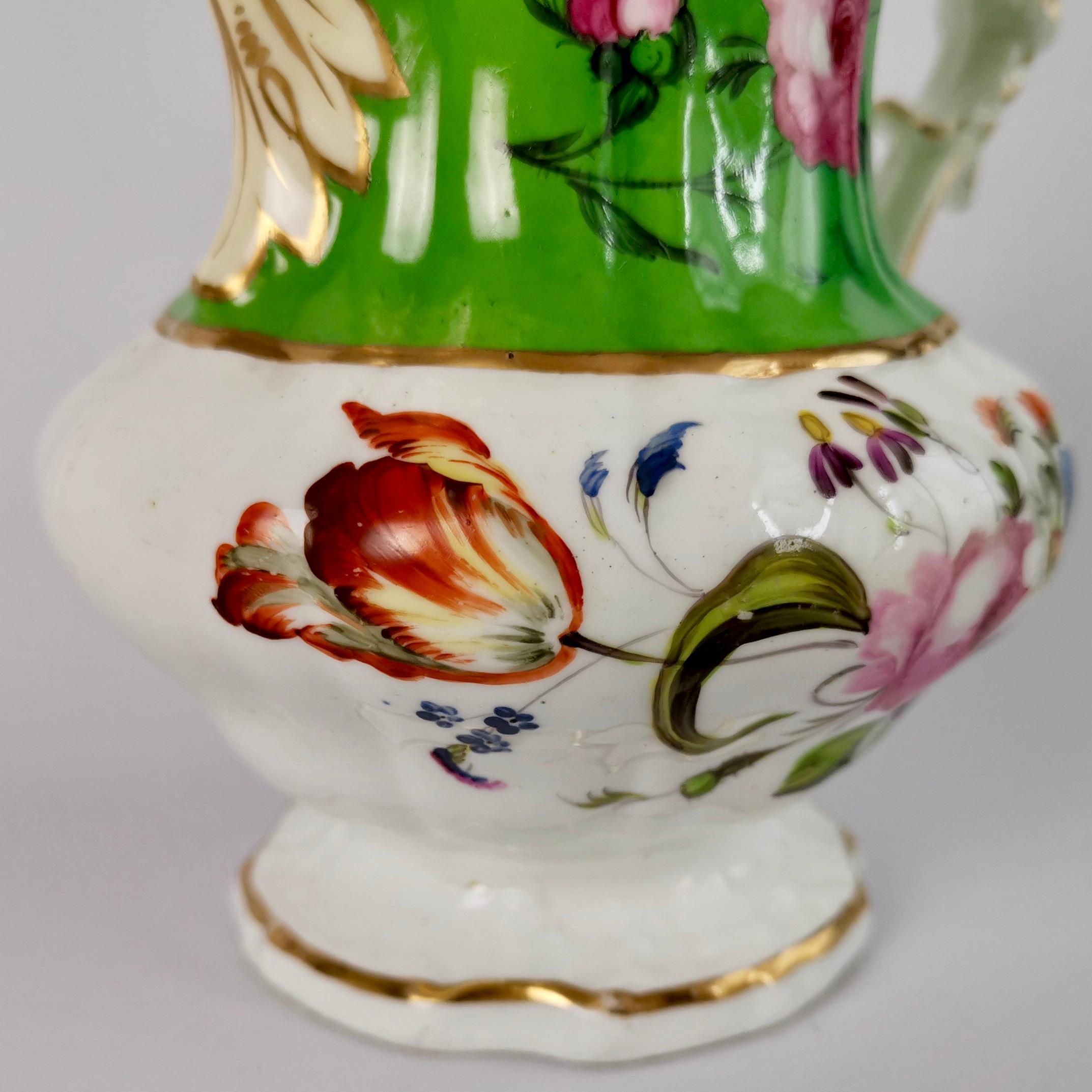 English Hilditch Porcelain Pitcher, Apple Green with Hand Painted Flowers, circa 1830