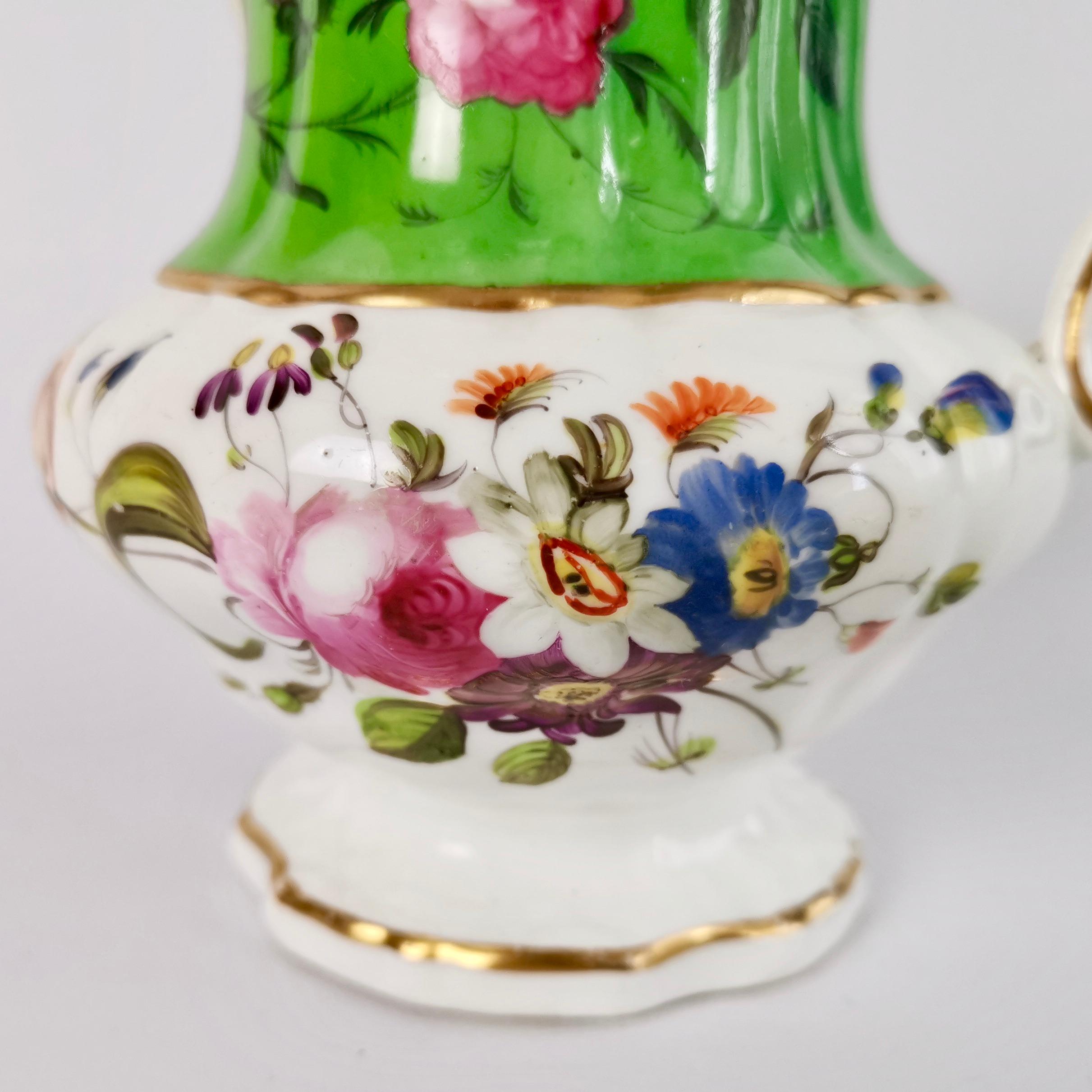 Hand-Painted Hilditch Porcelain Pitcher, Apple Green with Hand Painted Flowers, circa 1830