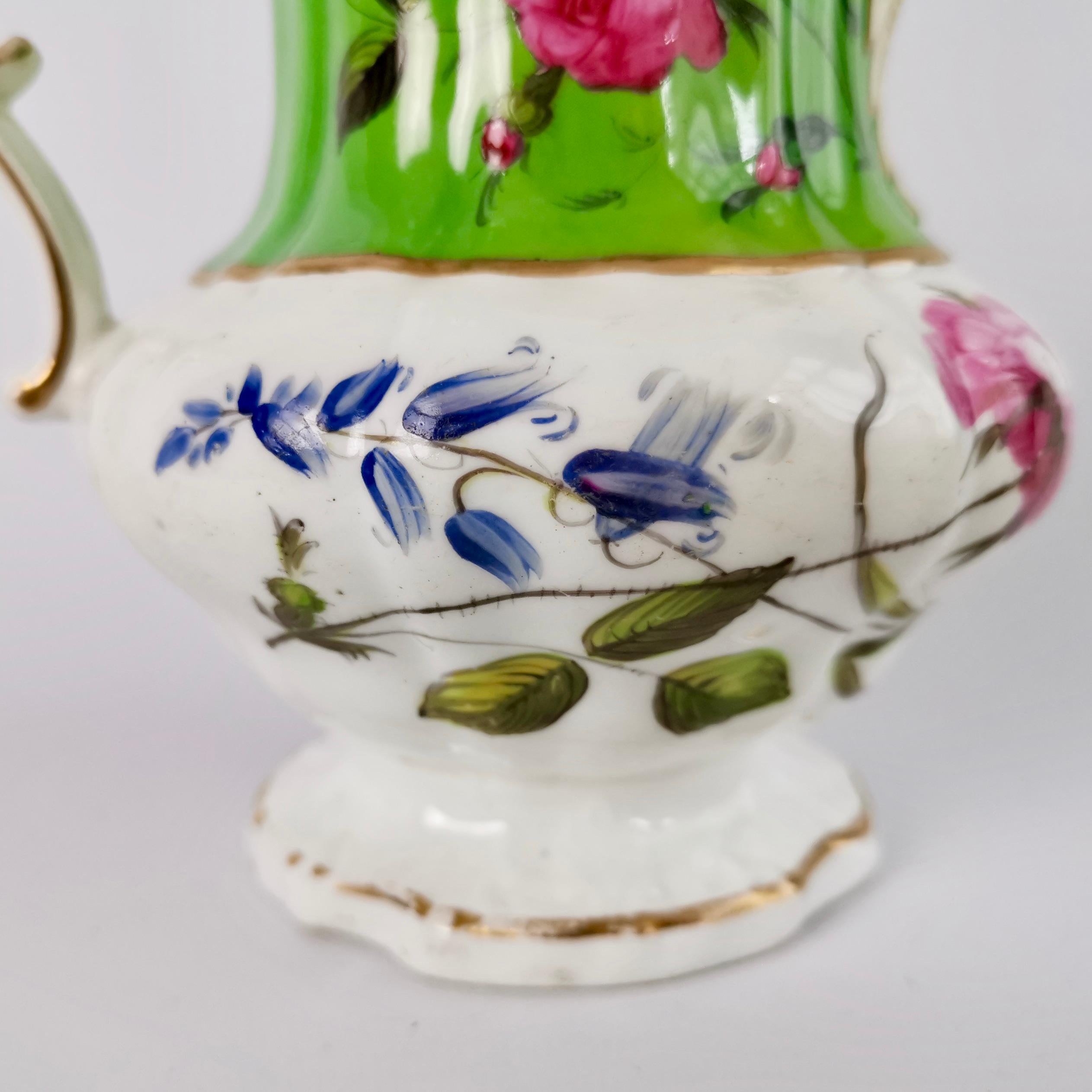 Hilditch Porcelain Pitcher, Apple Green with Hand Painted Flowers, circa 1830 In Good Condition In London, GB
