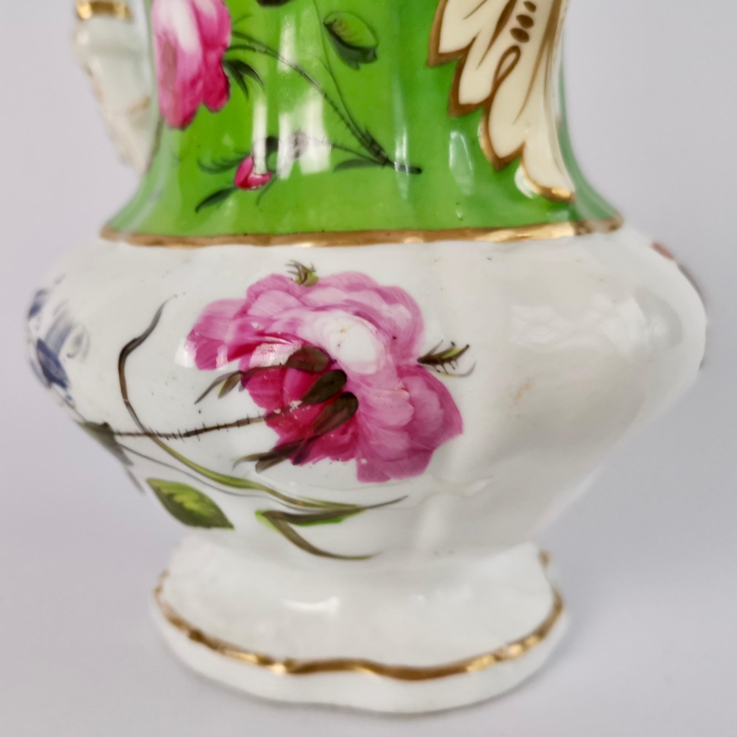 Mid-19th Century Hilditch Porcelain Pitcher, Apple Green with Hand Painted Flowers, circa 1830