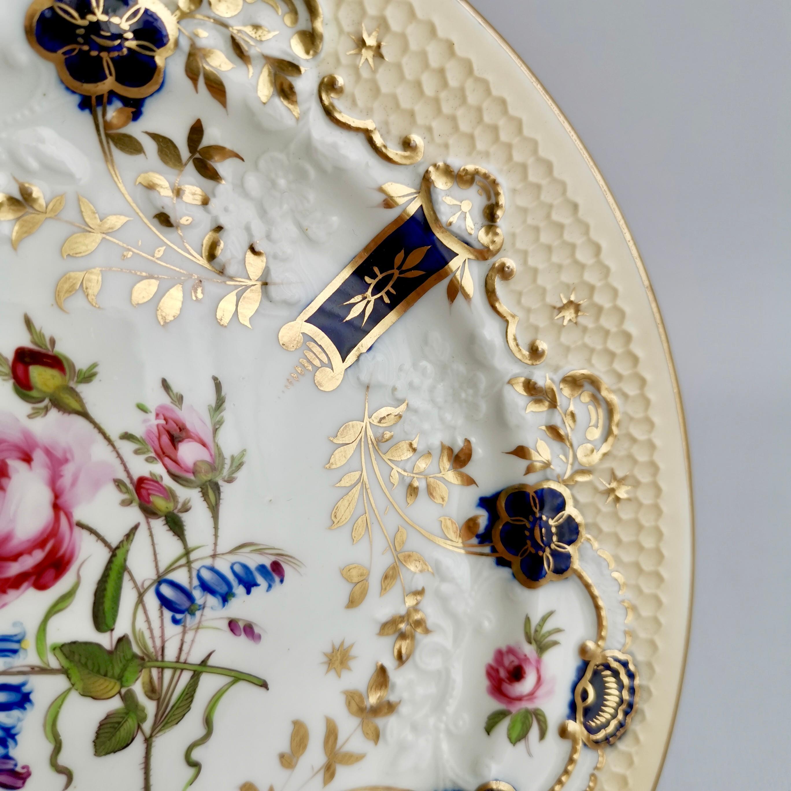 Regency Staffordshire Porcelain Plate, Honeycomb Moulding, Beige, Pink Roses, ca 1820