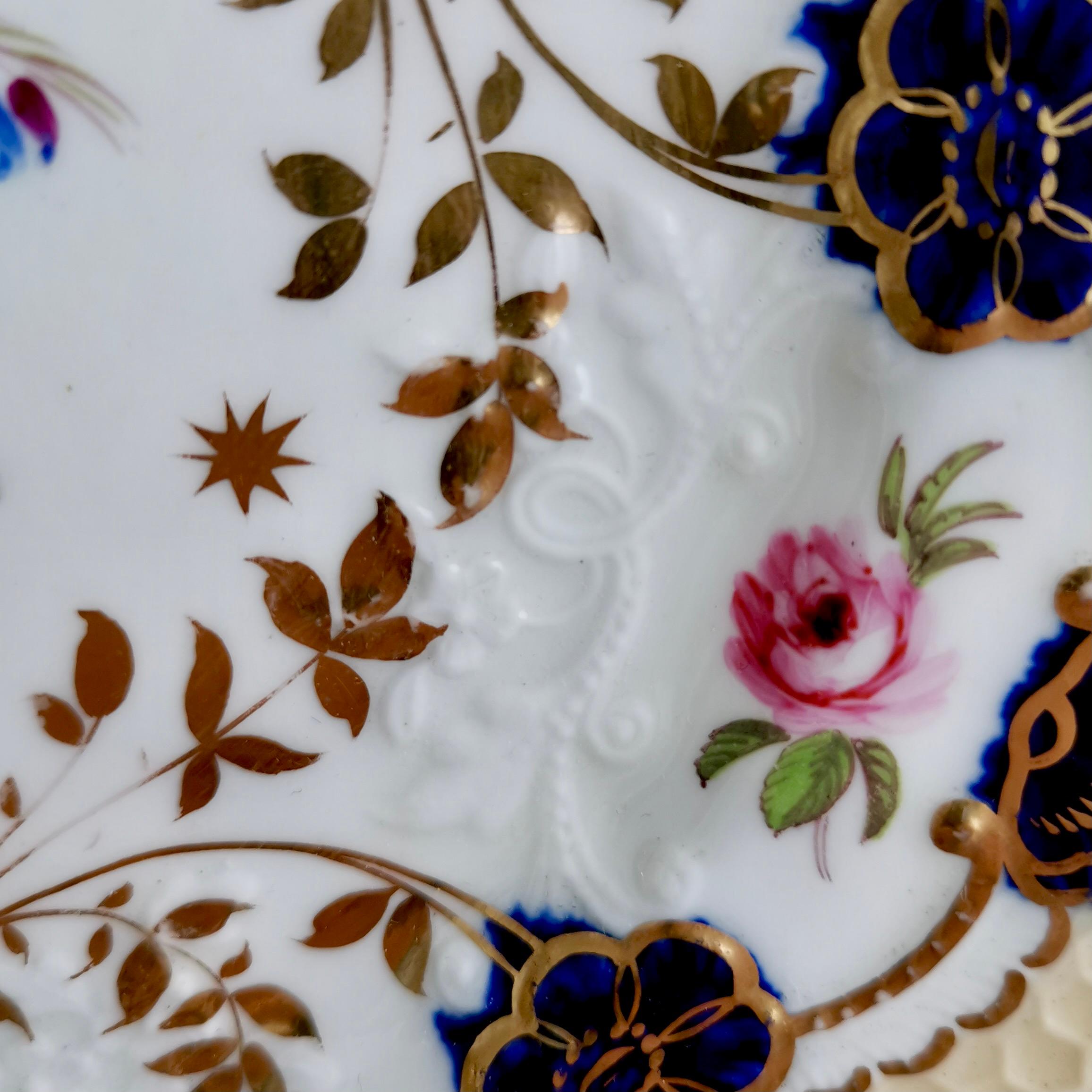 English Staffordshire Porcelain Plate, Honeycomb Moulding, Beige, Pink Roses, ca 1820