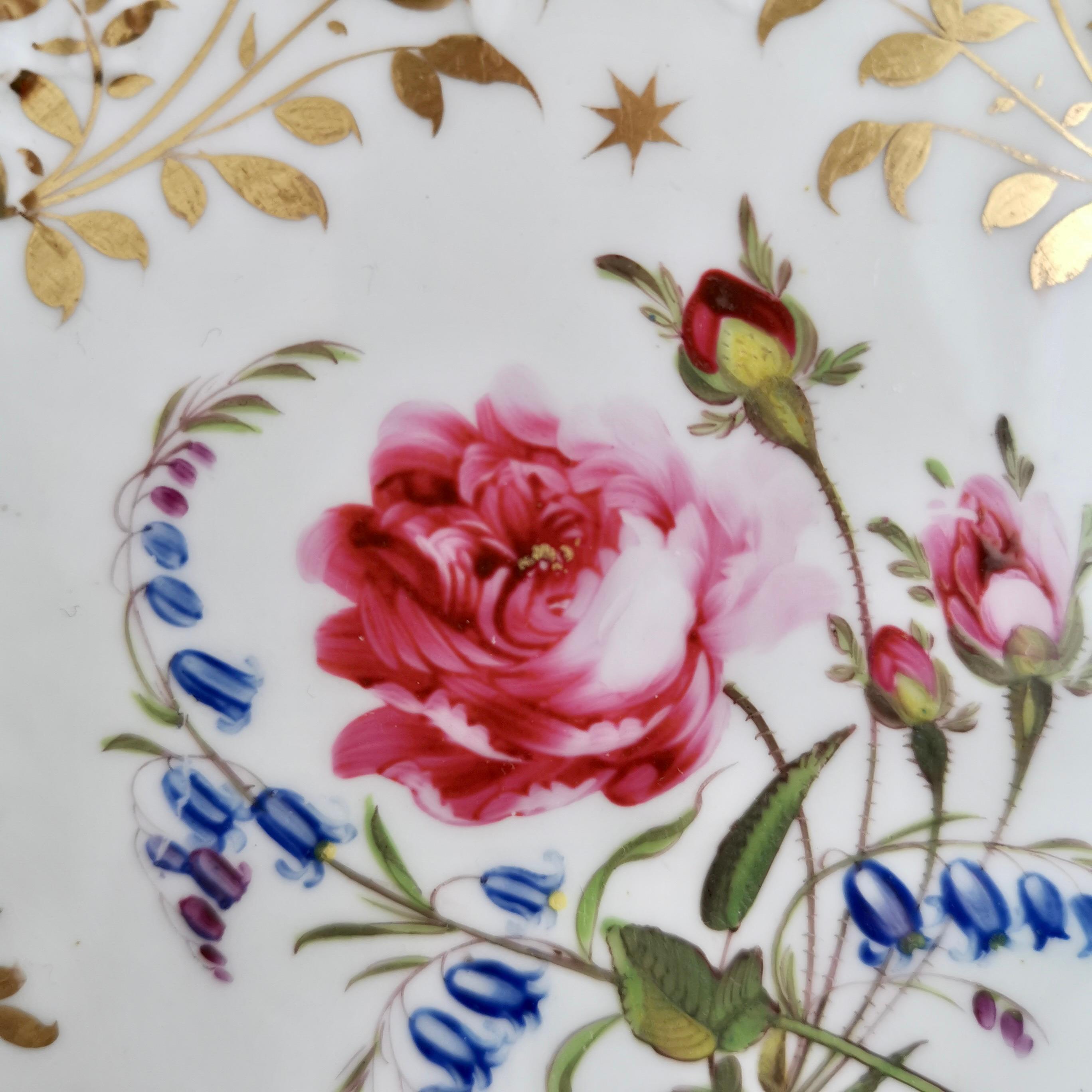 Hand-Painted Staffordshire Porcelain Plate, Honeycomb Moulding, Beige, Pink Roses, ca 1820