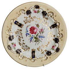 Staffordshire Porcelain Plate, Honeycomb Moulding, Beige, Pink Roses, ca 1820