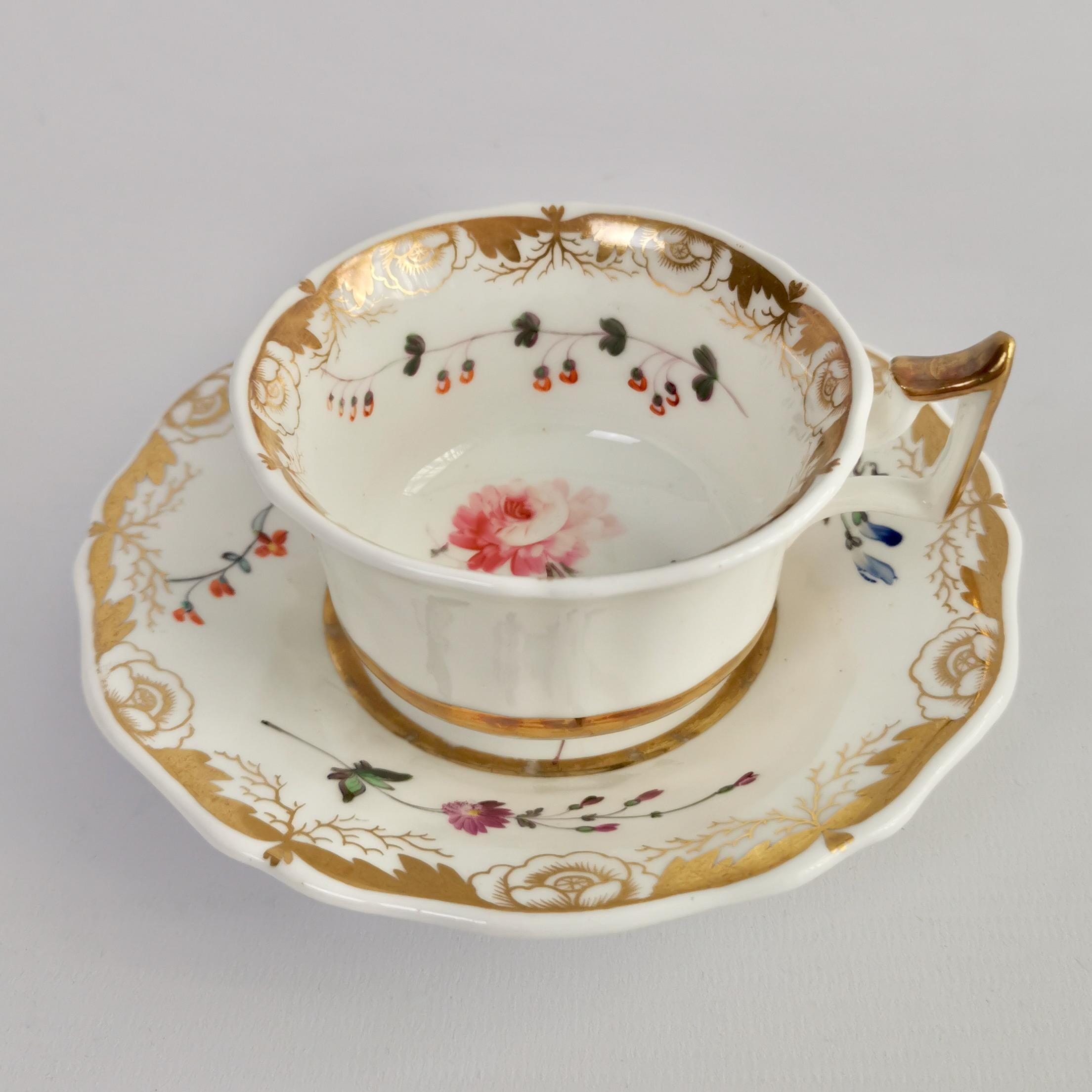English Staffordshire Porcelain Teacup Trio, White with Flowers, Regency, 1825-1830