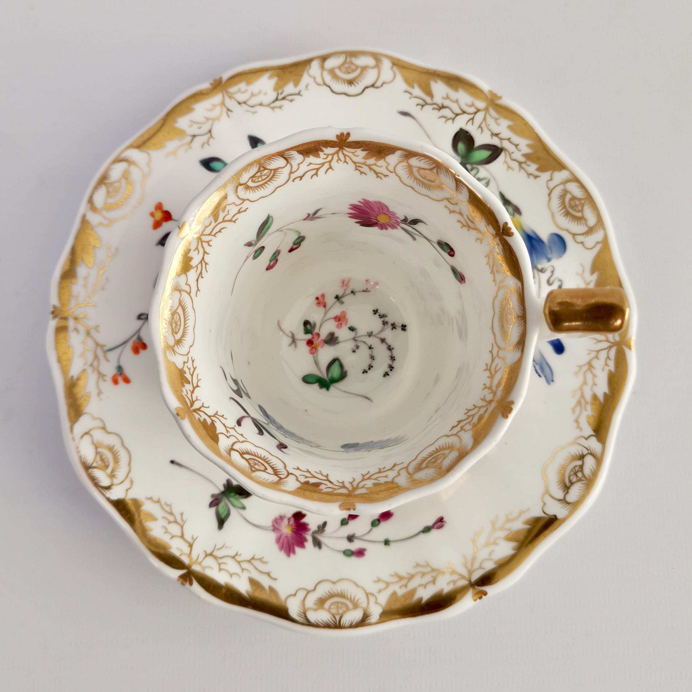 Early 19th Century Staffordshire Porcelain Teacup Trio, White with Flowers, Regency, 1825-1830