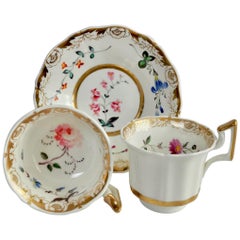 Staffordshire Porcelain Teacup Trio, White with Flowers, Regency, 1825-1830